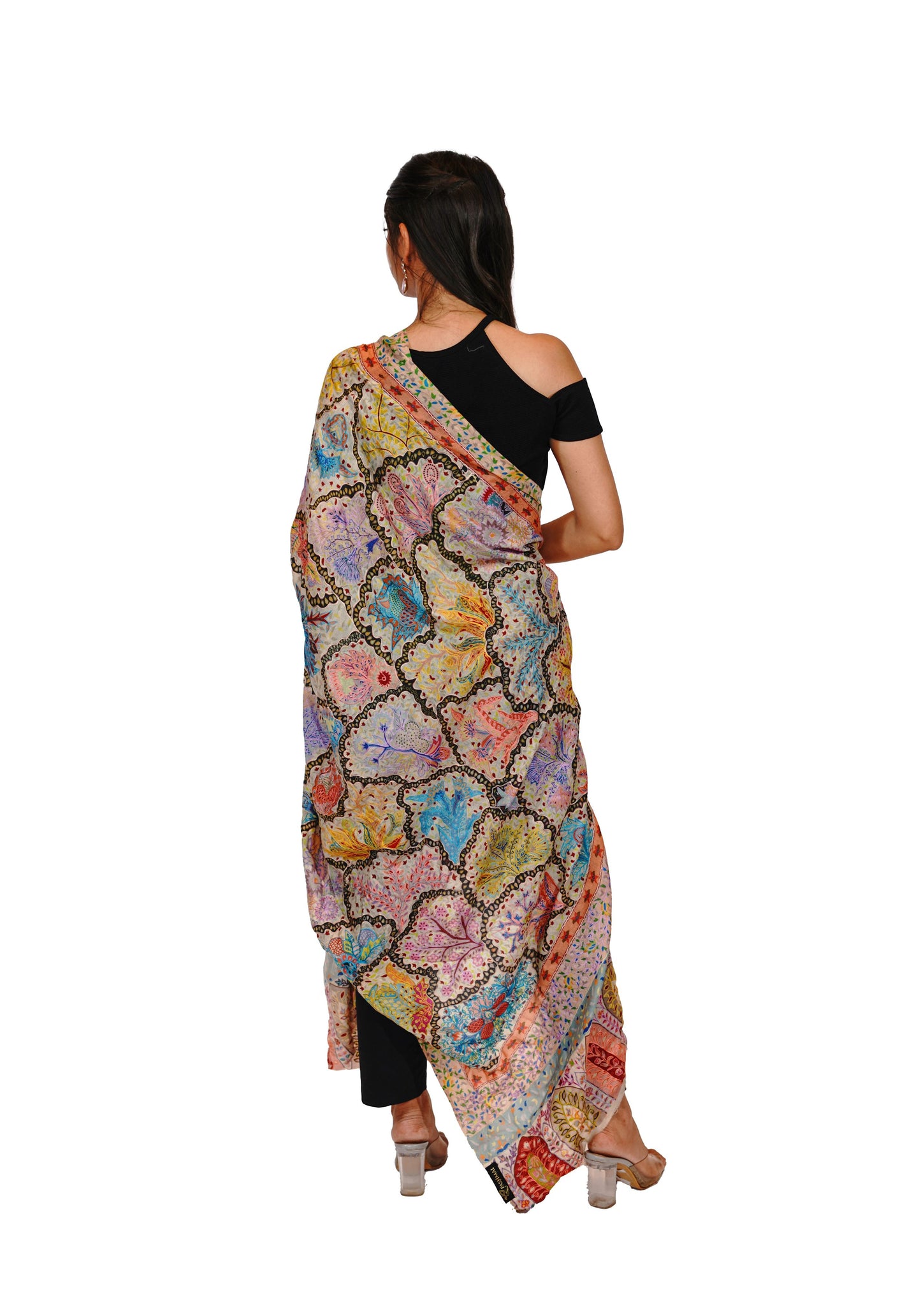 Heritage Pastel Hand Embroidered Printed Shawl for Women