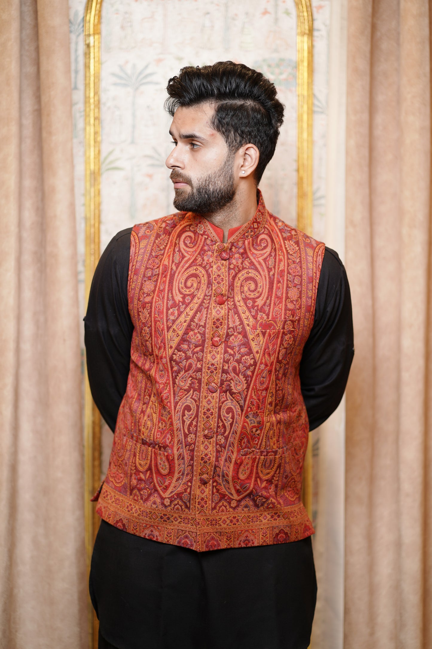 Unstitched Woollen Nehru Jacket for Men - Rustic Charm