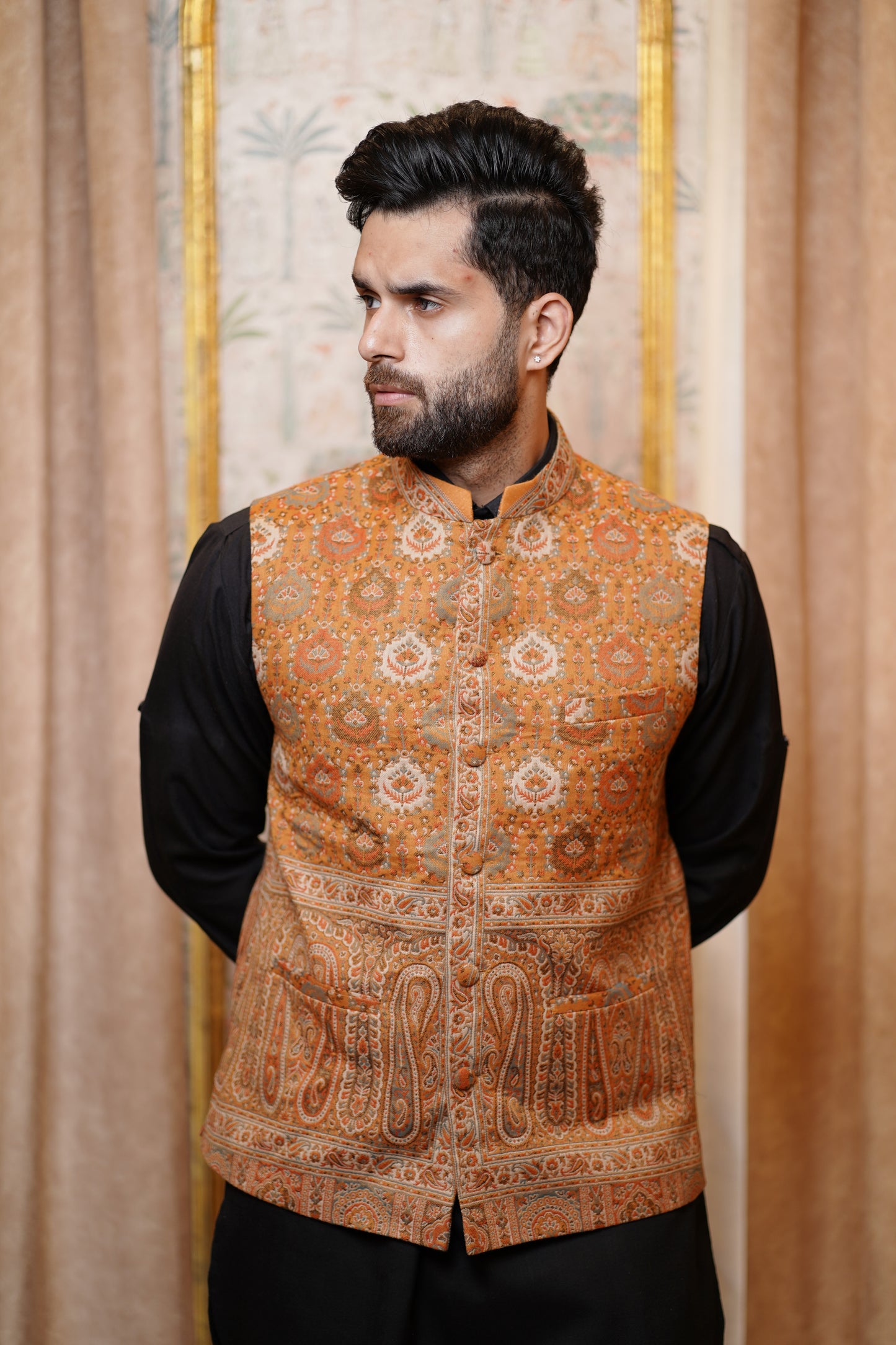 Unstitched Woollen Nehru Jacket for Men – Terra Cotta