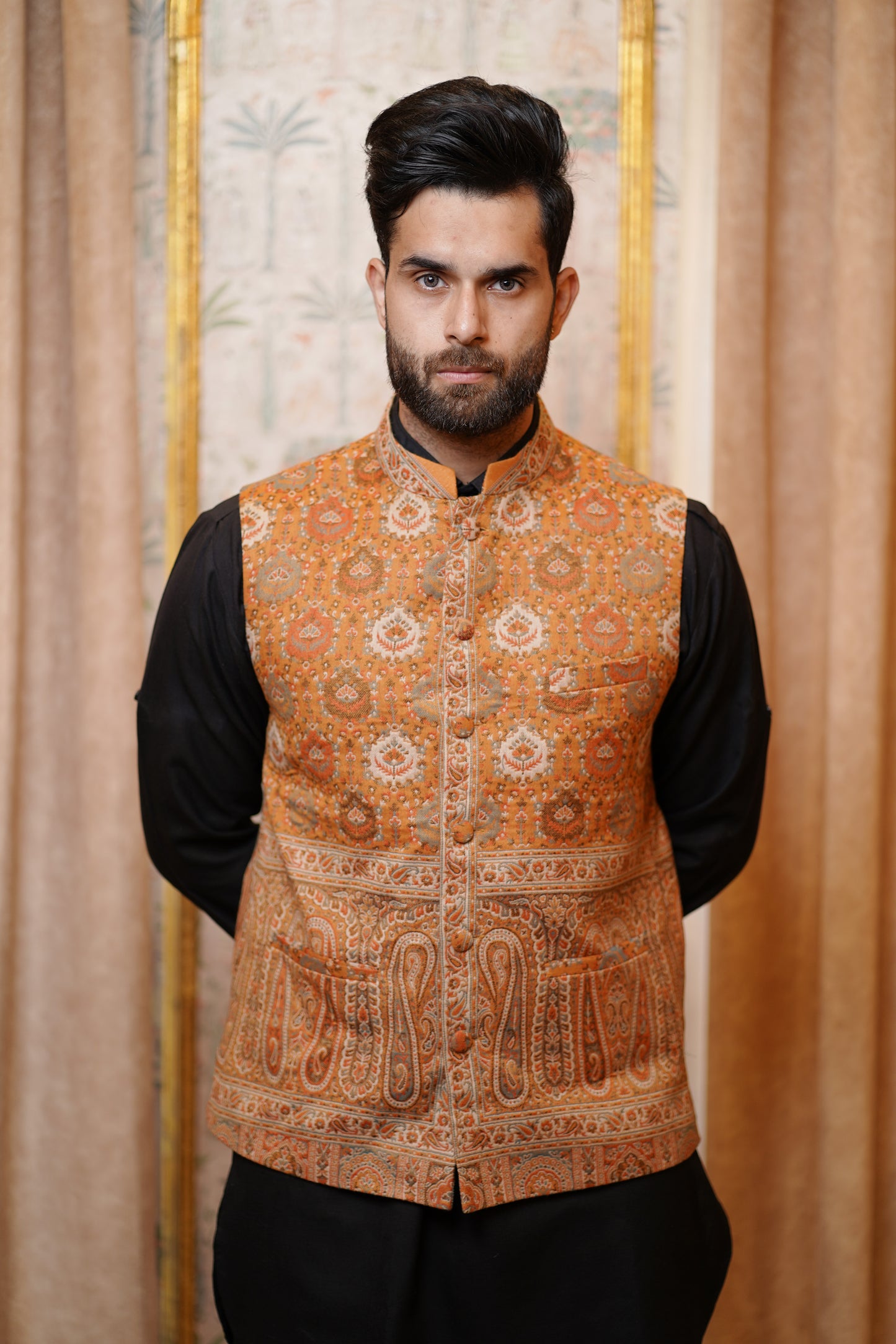 Unstitched Woollen Nehru Jacket for Men – Terra Cotta