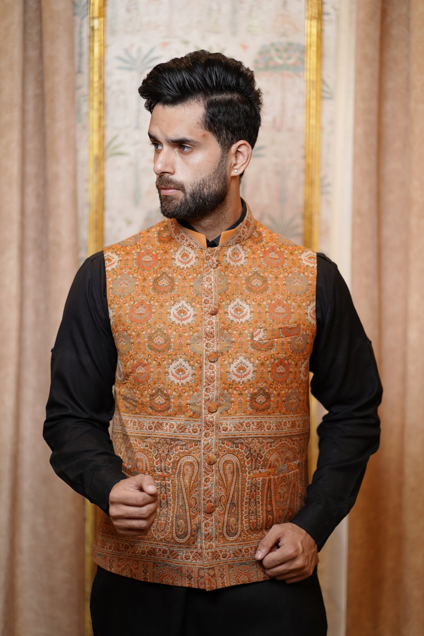 Unstitched Woollen Nehru Jacket for Men – Terra Cotta