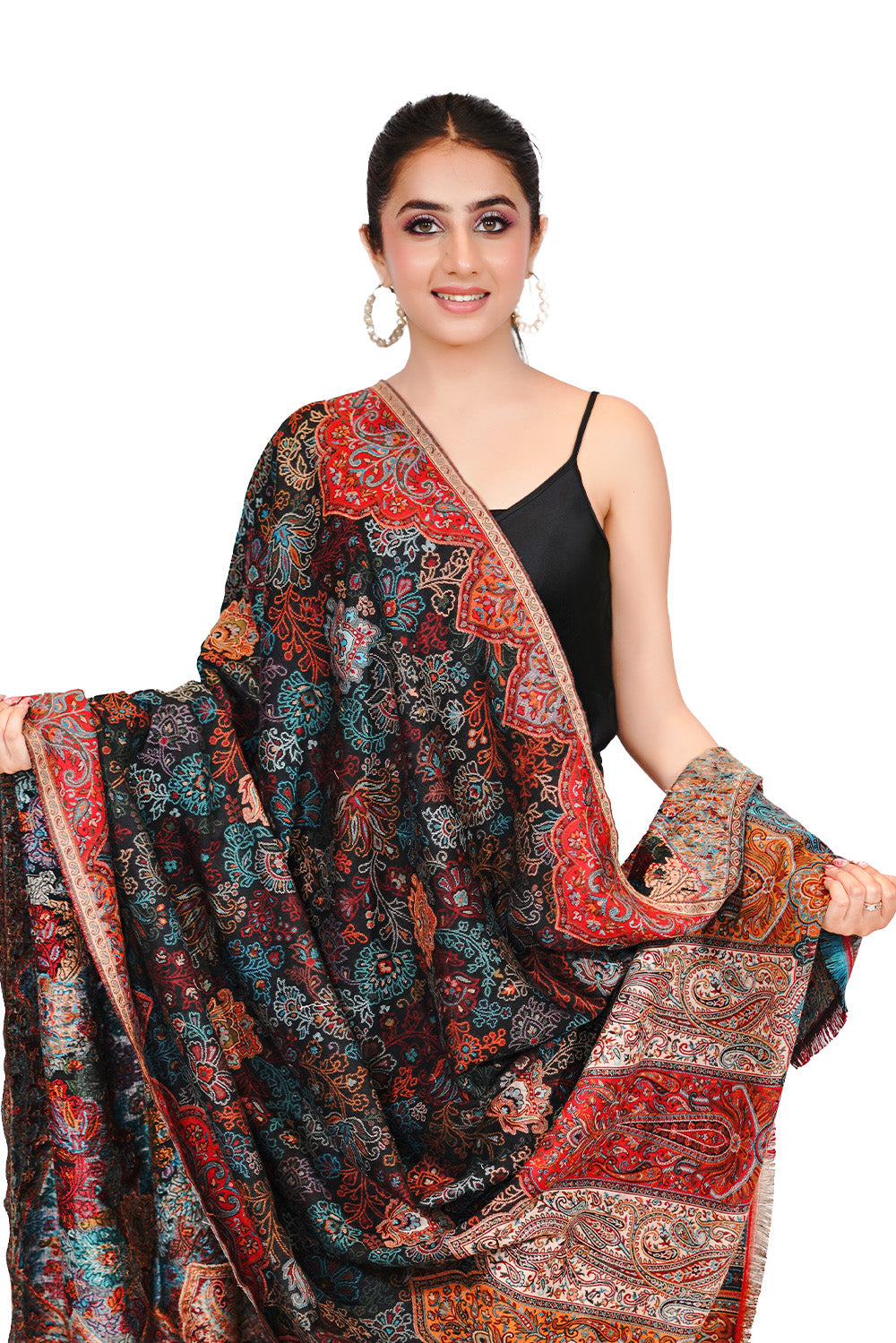 Pashmina Faux Gulabdar Traditional Kani Shawl - Classic Black
