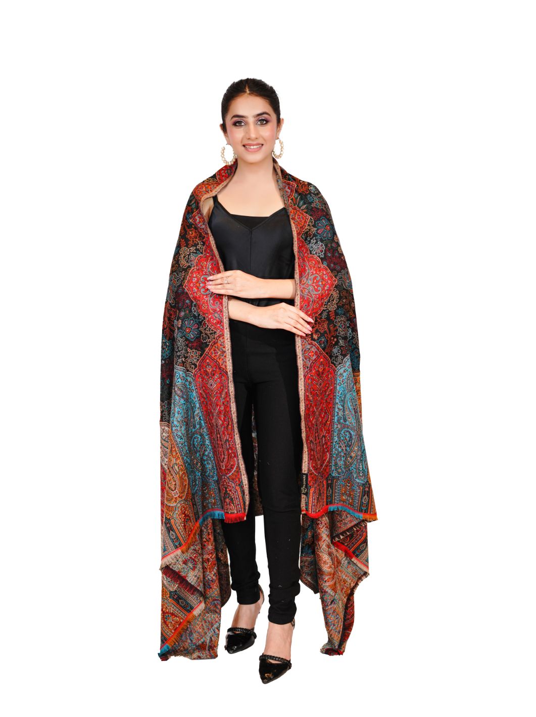 Pashmina Faux Gulabdar Traditional Kani Shawl - Classic Black