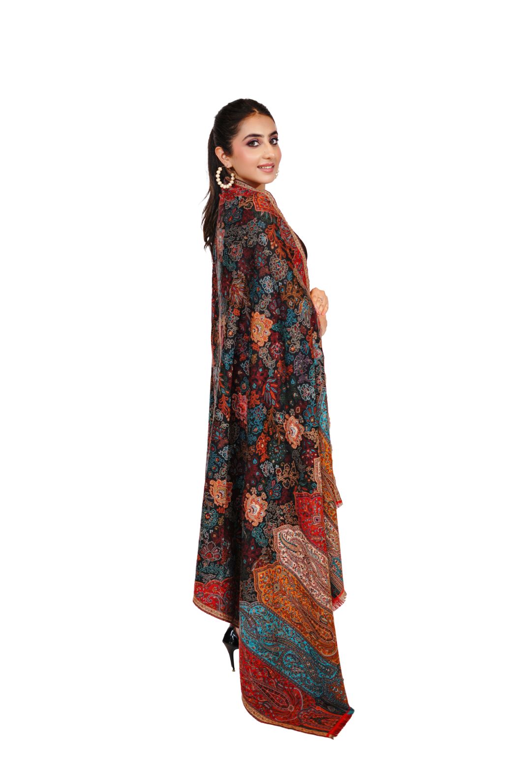 Pashmina Faux Gulabdar Traditional Kani Shawl - Classic Black