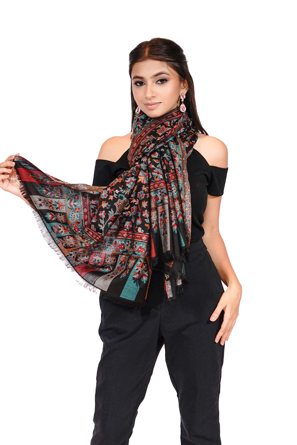 Heritage Mughal Darbaar Woollen Shawl for Women - Classic Black