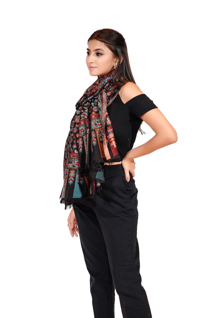 Heritage Mughal Darbaar Woollen Shawl for Women - Classic Black