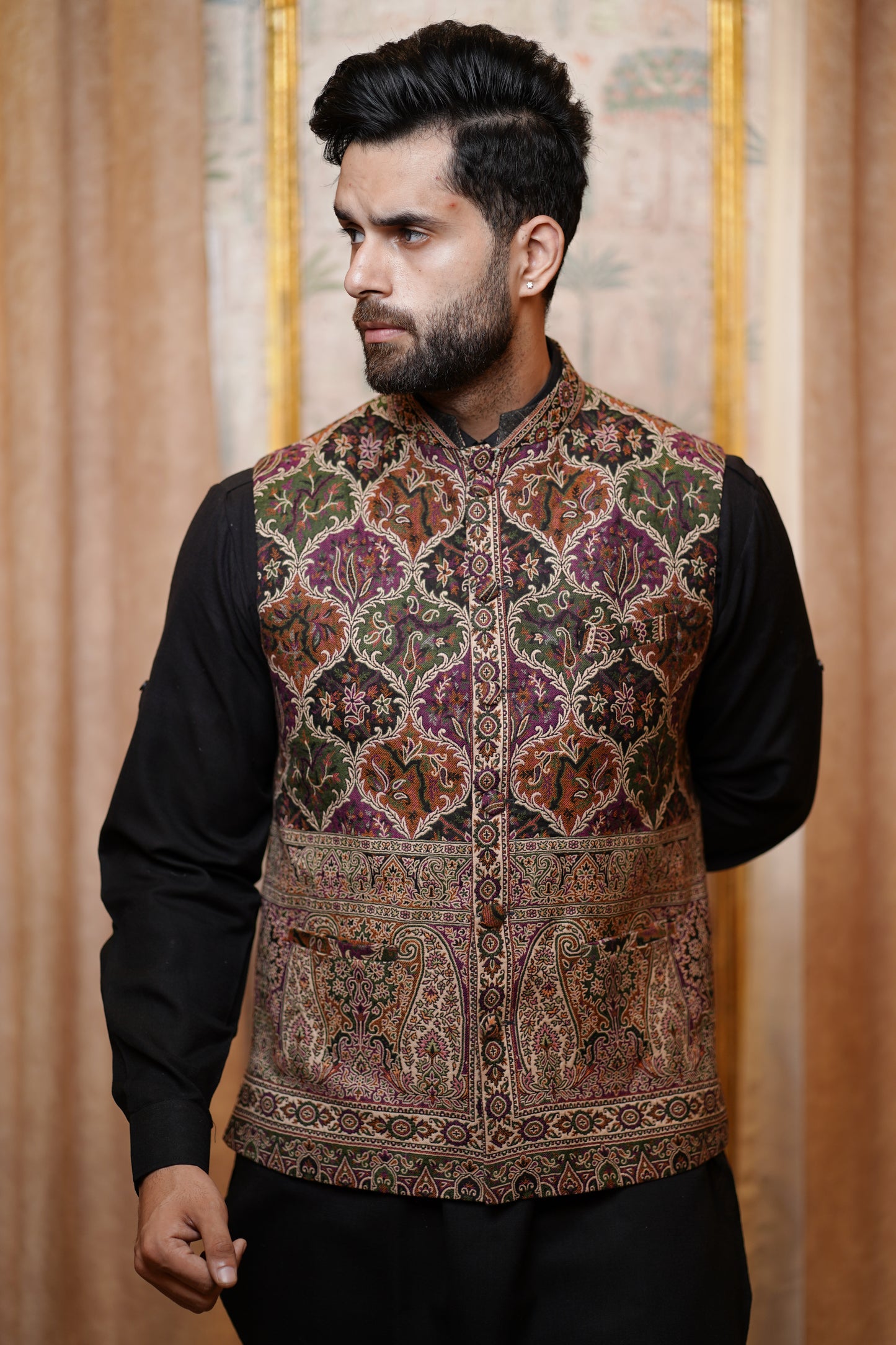 Unstitched Woollen Nehru Jacket for Men – Multicolor Fushion