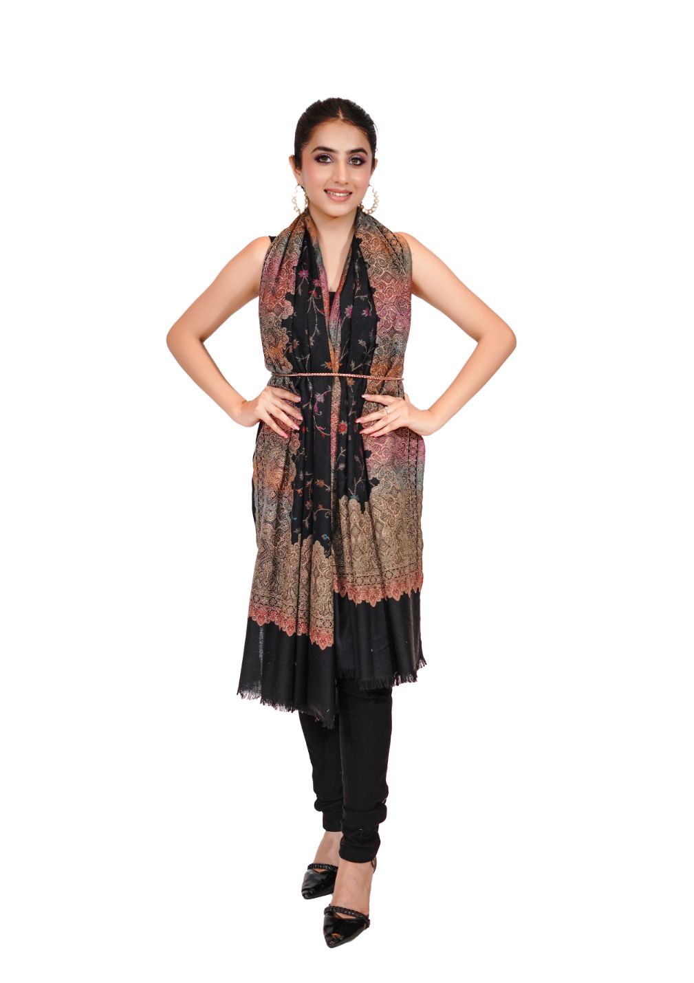 Pashmina Faux Traditional Jamawar Multy Shawl - Classic Black