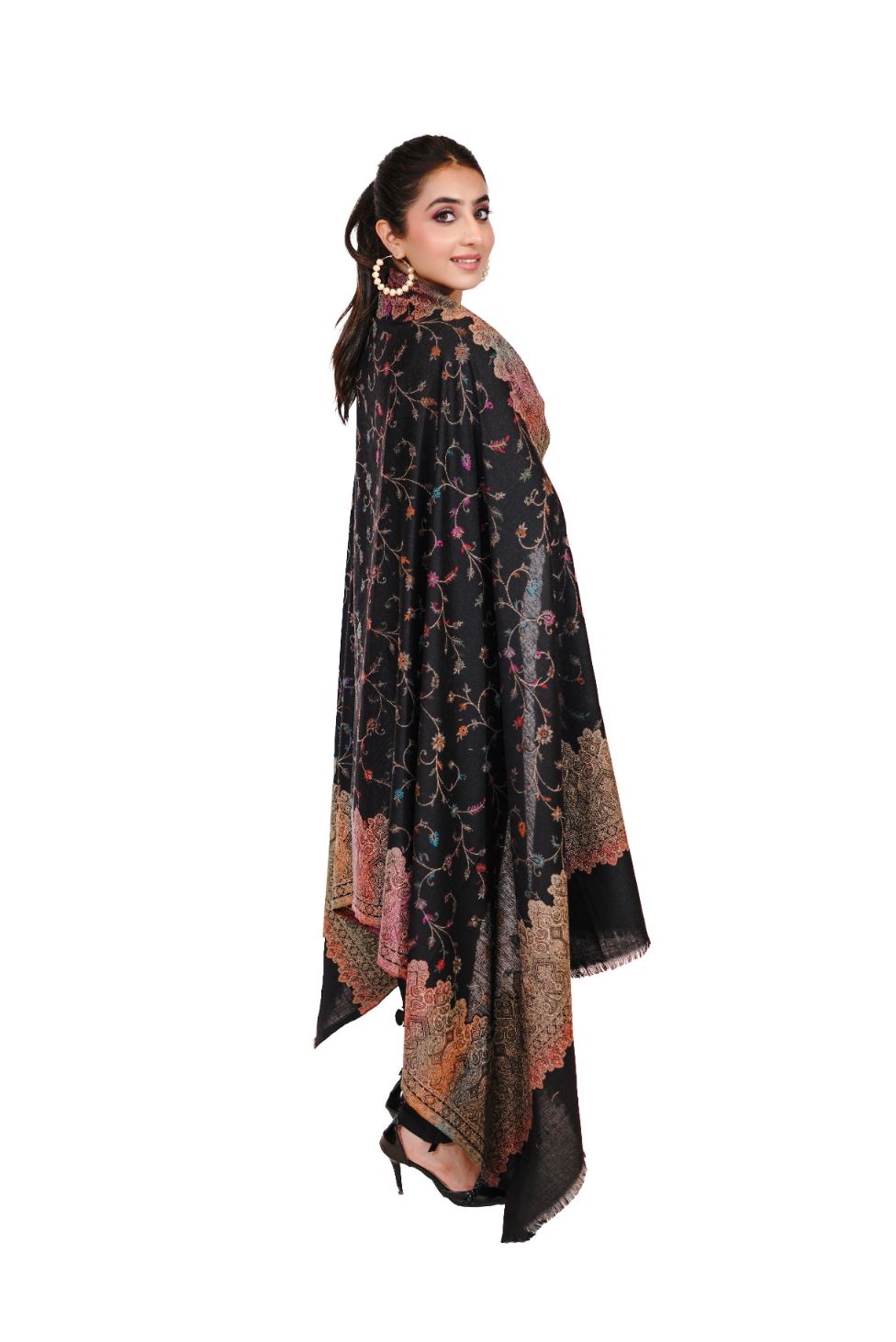 Pashmina Faux Traditional Jamawar Multy Shawl - Classic Black