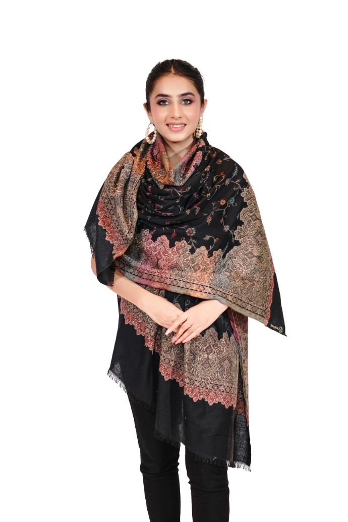 Pashmina Faux Traditional Jamawar Multy Shawl - Classic Black