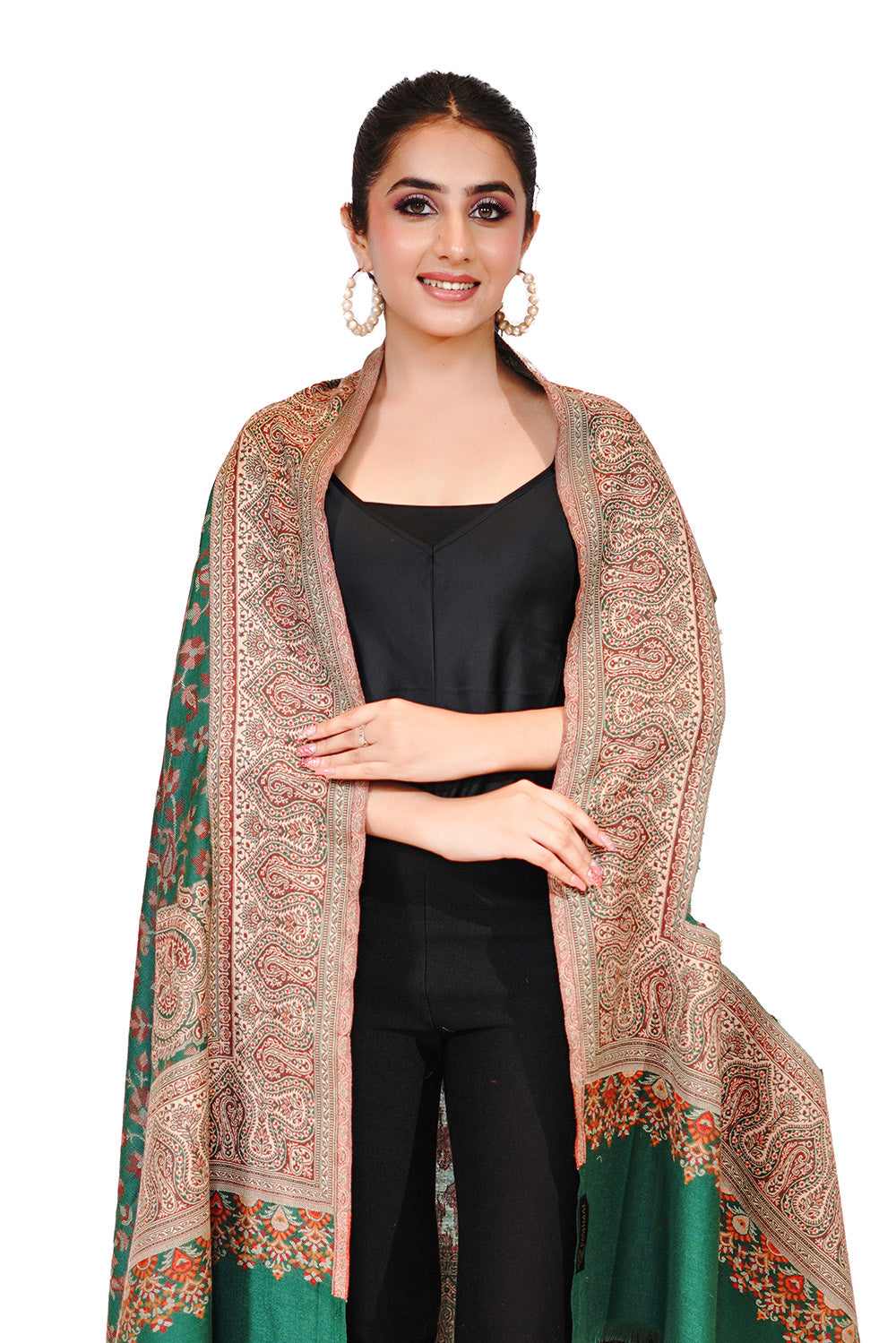 Pashmina Faux Traditional Jamawar Jaal Shawl - Forest Green