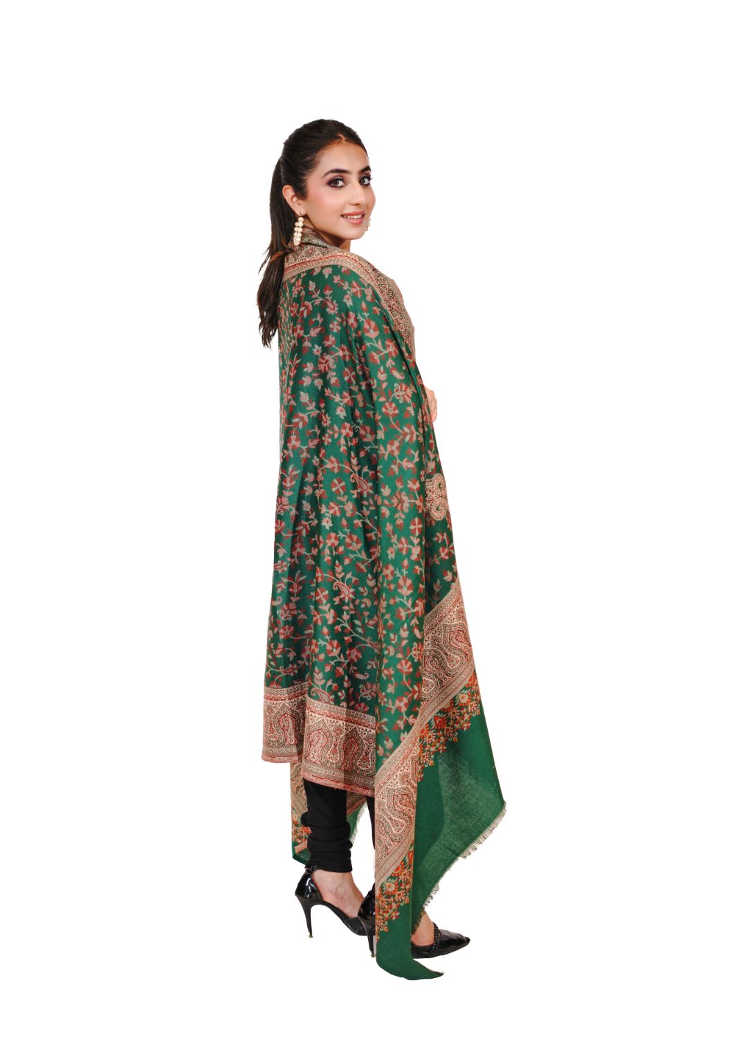 Pashmina Faux Traditional Jamawar Jaal Shawl - Forest Green