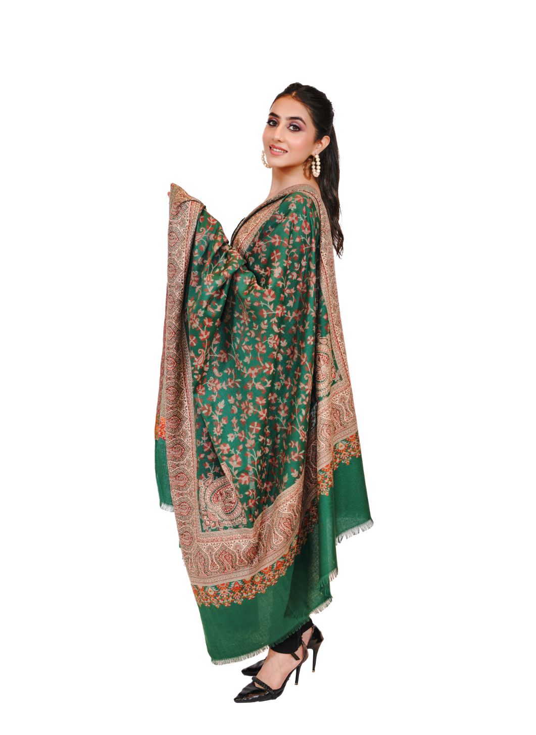 Pashmina Faux Traditional Jamawar Jaal Shawl - Forest Green