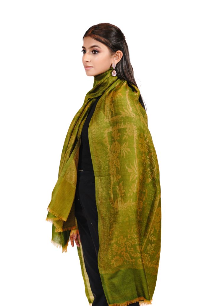 Women's Reversible Silk Blend Shawl with Zari Work - Golden Green