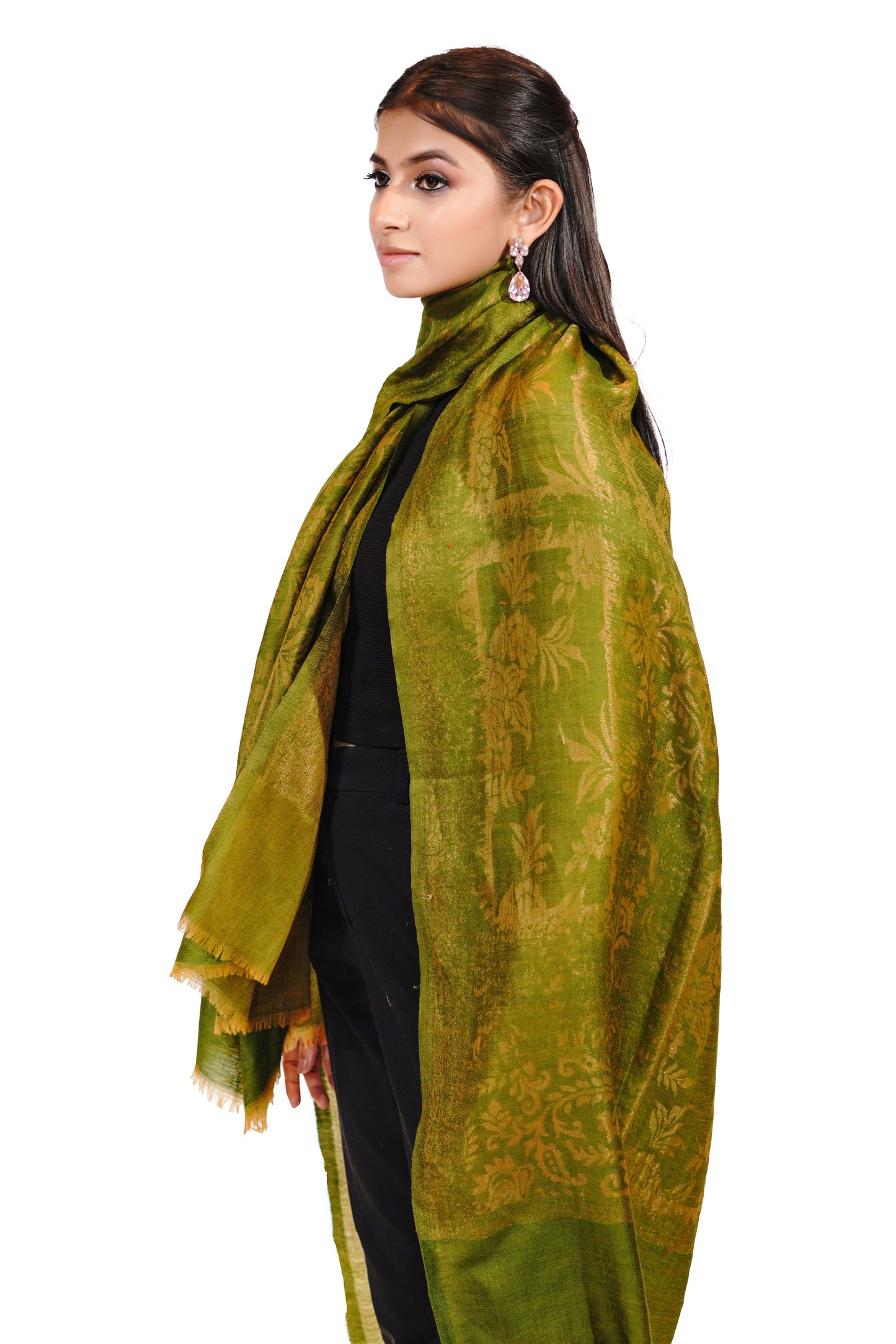 Women's Reversible Silk Blend Shawl with Zari Work - Golden Green