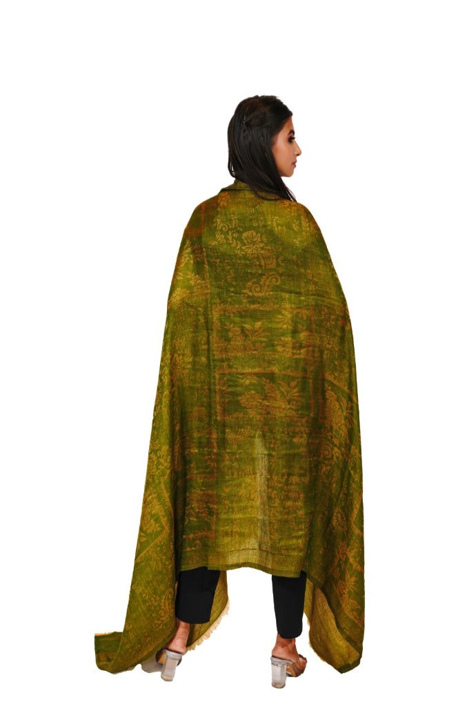 Women's Reversible Silk Blend Shawl with Zari Work - Golden Green