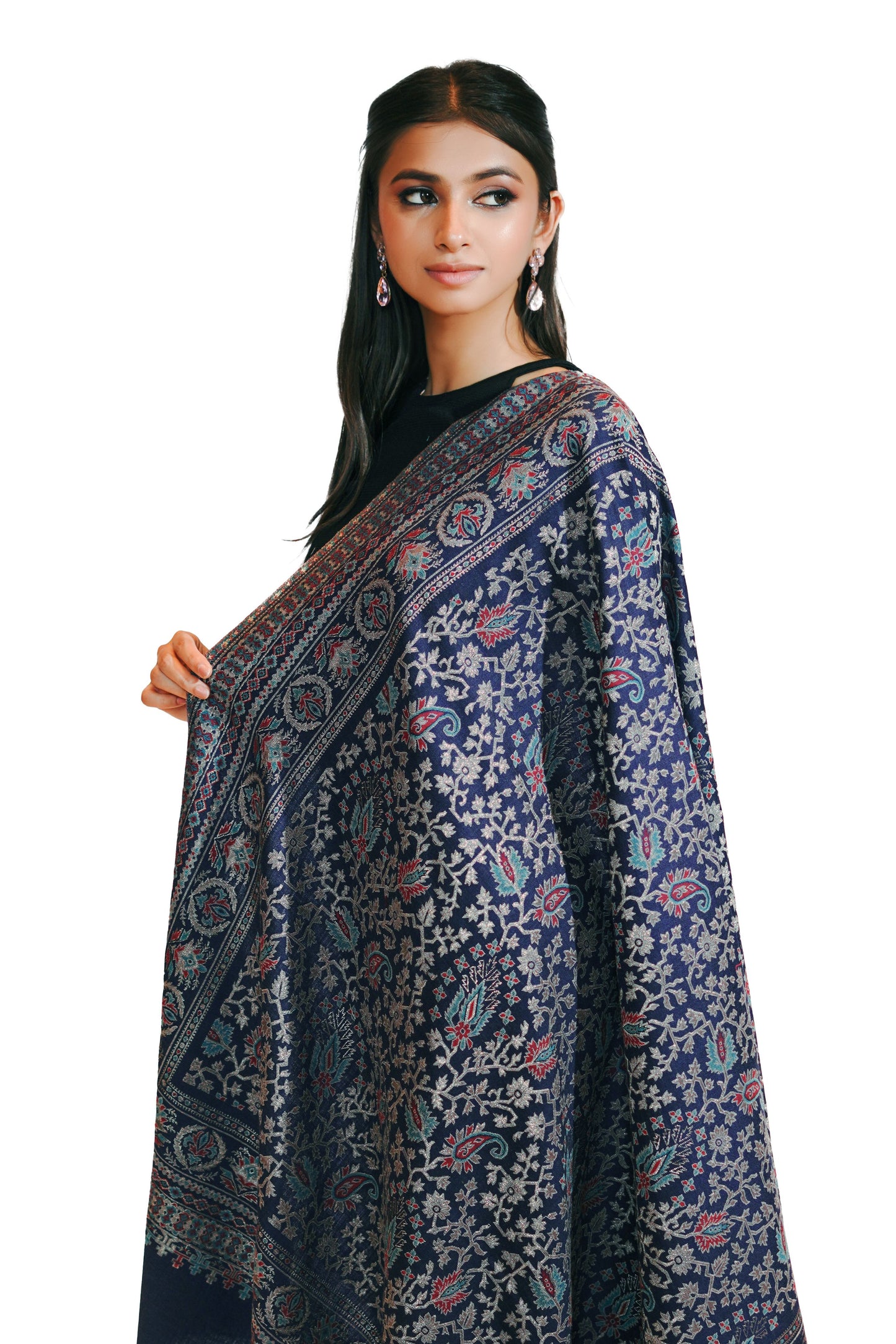 Women's Traditional Woollen Jamawar Shawl with Zari Work- Imperial Indigo