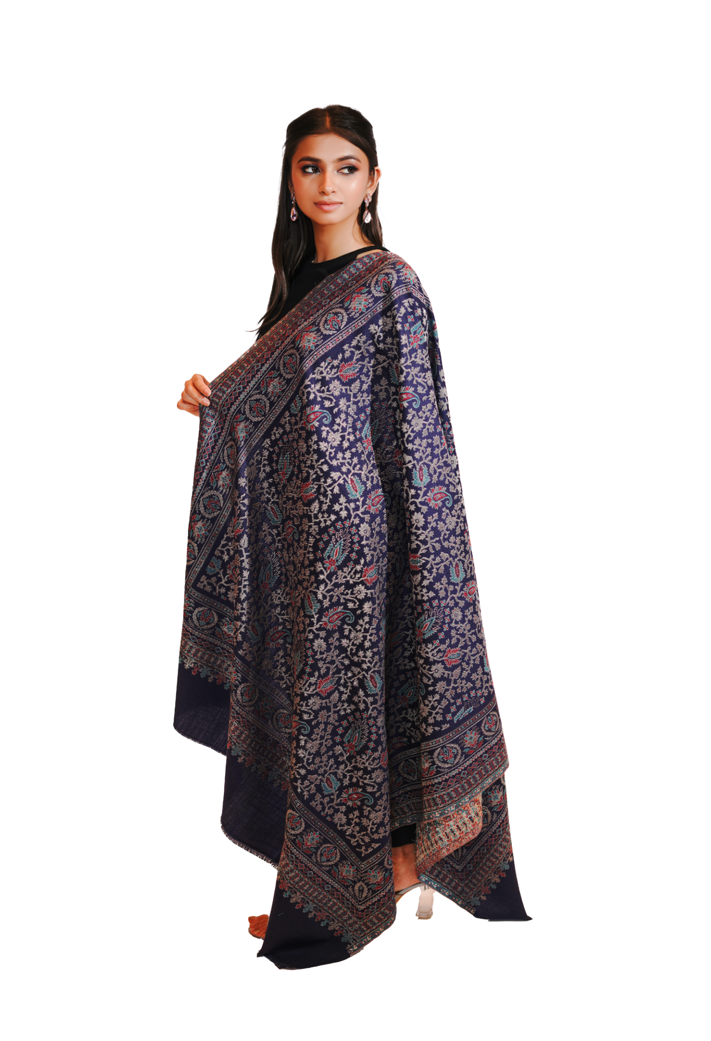 Women's Traditional Woollen Jamawar Shawl with Zari Work- Imperial Indigo