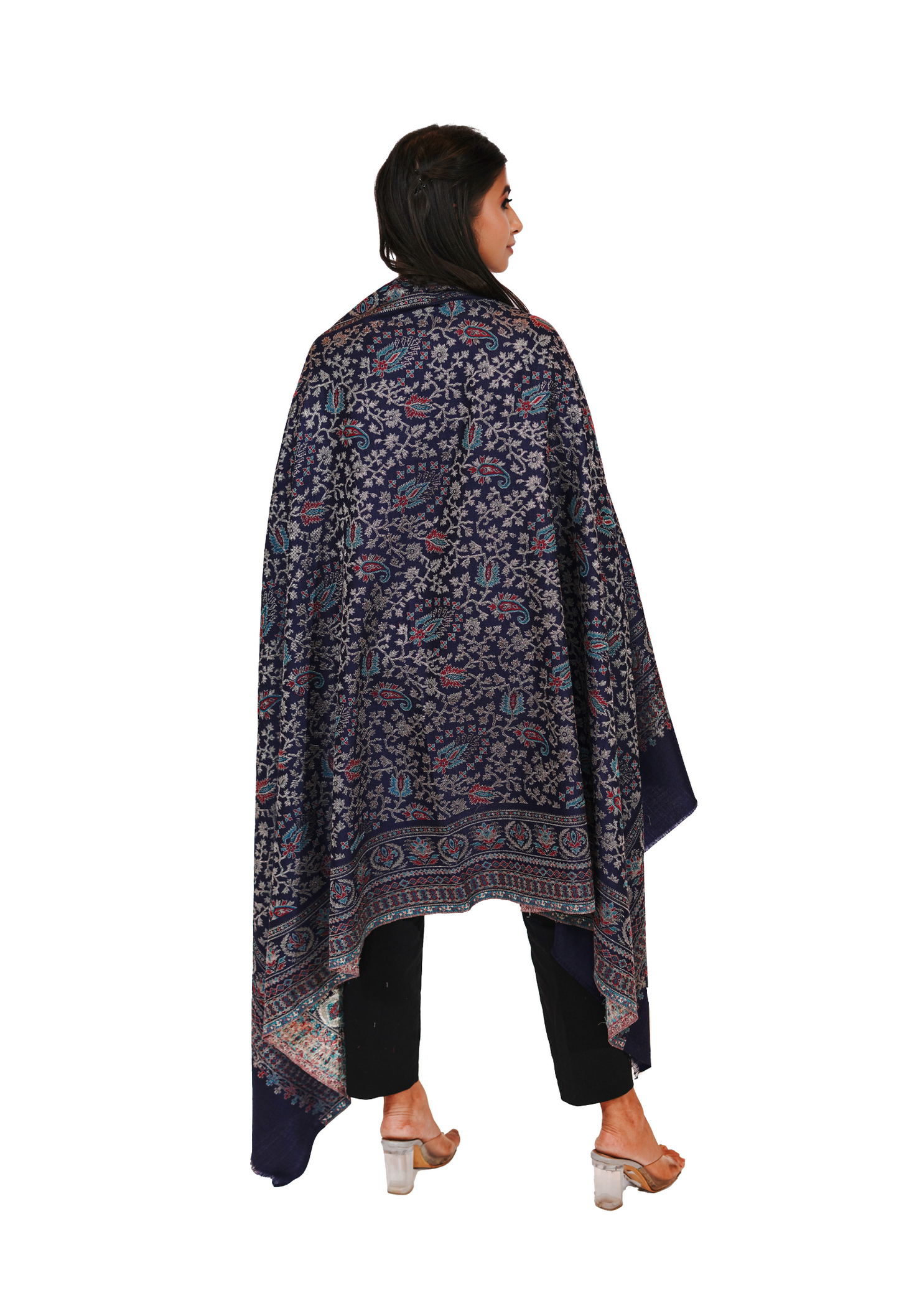 Women's Traditional Woollen Jamawar Shawl with Zari Work- Imperial Indigo