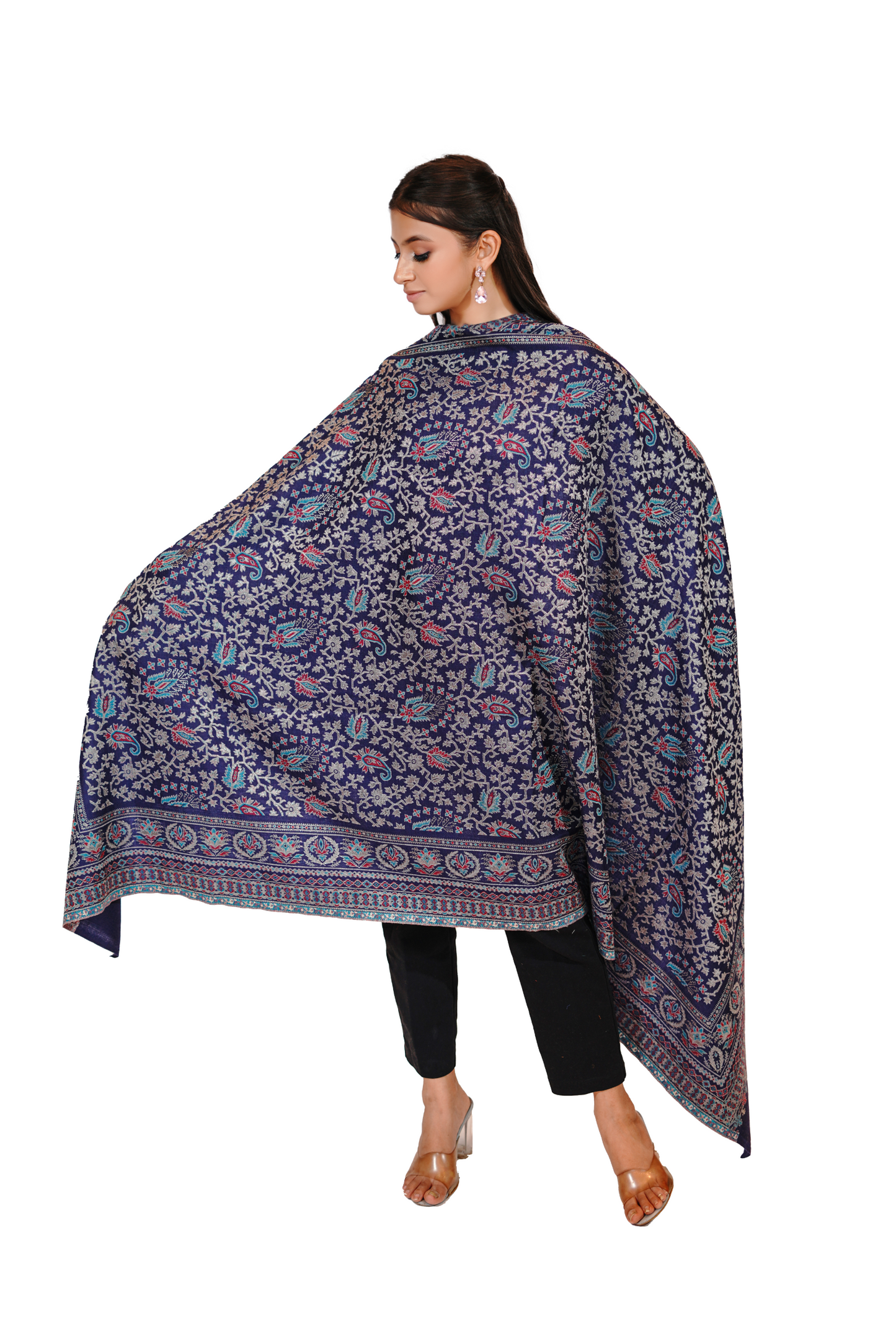Women's Traditional Woollen Jamawar Shawl with Zari Work- Imperial Indigo