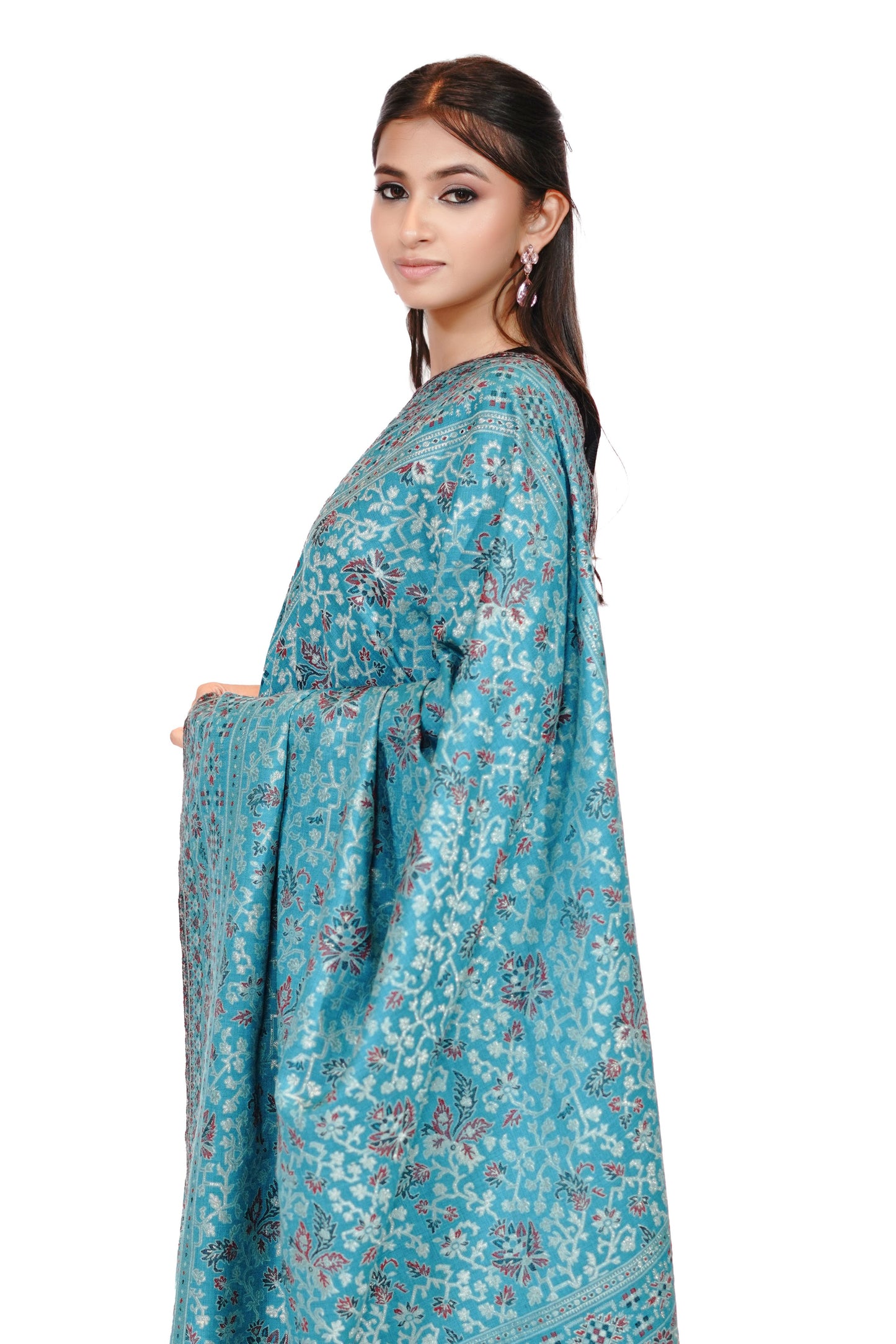 Women's Traditional Woollen Jamawar Shawl with Zari Work- Turquoise Treasure