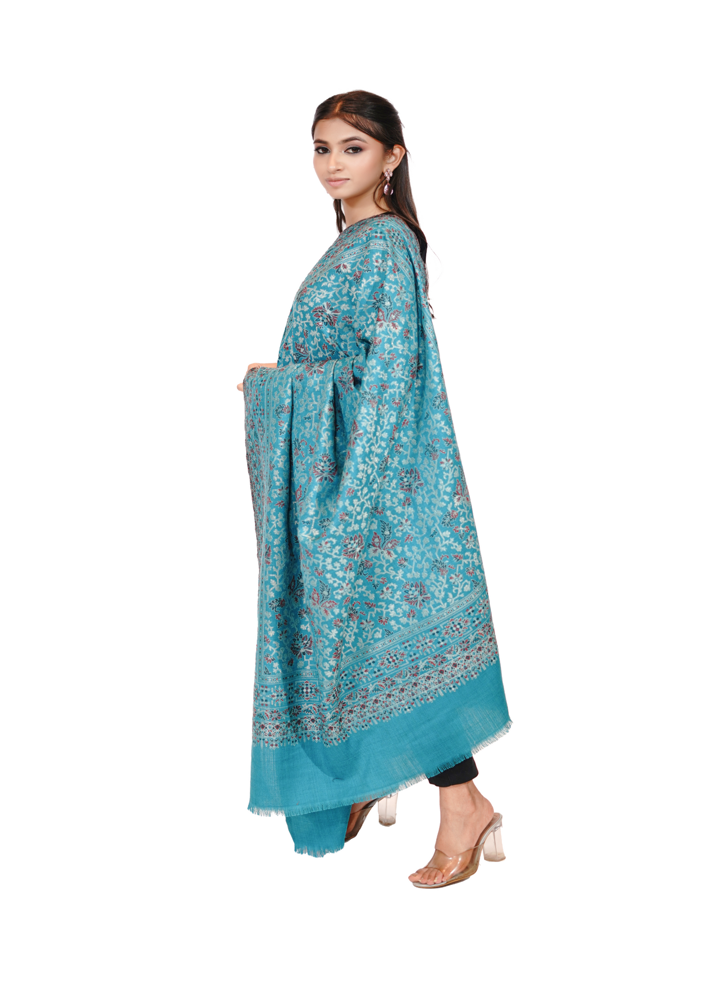 Women's Traditional Woollen Jamawar Shawl with Zari Work- Turquoise Treasure