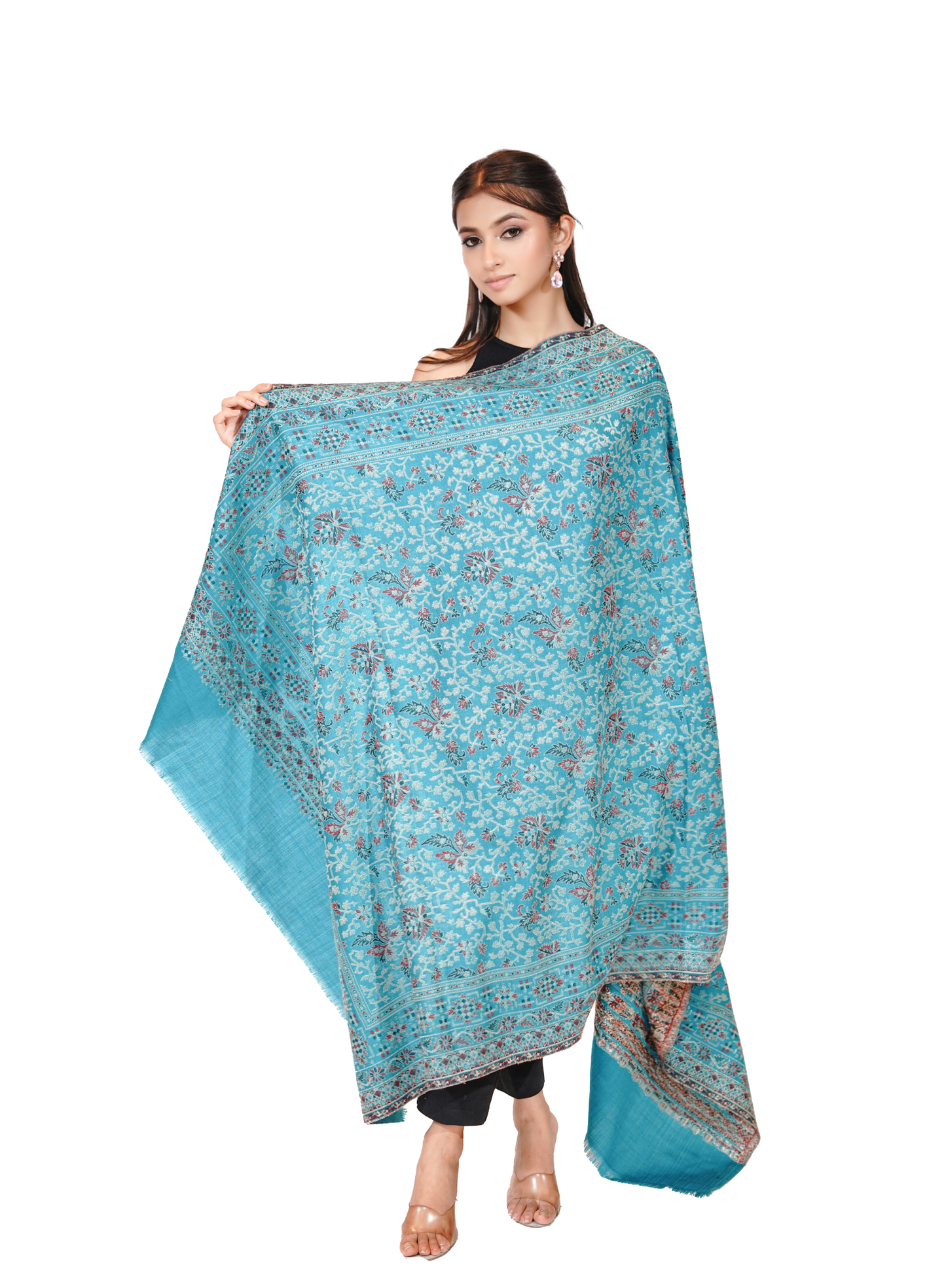 Women's Traditional Woollen Jamawar Shawl with Zari Work- Turquoise Treasure