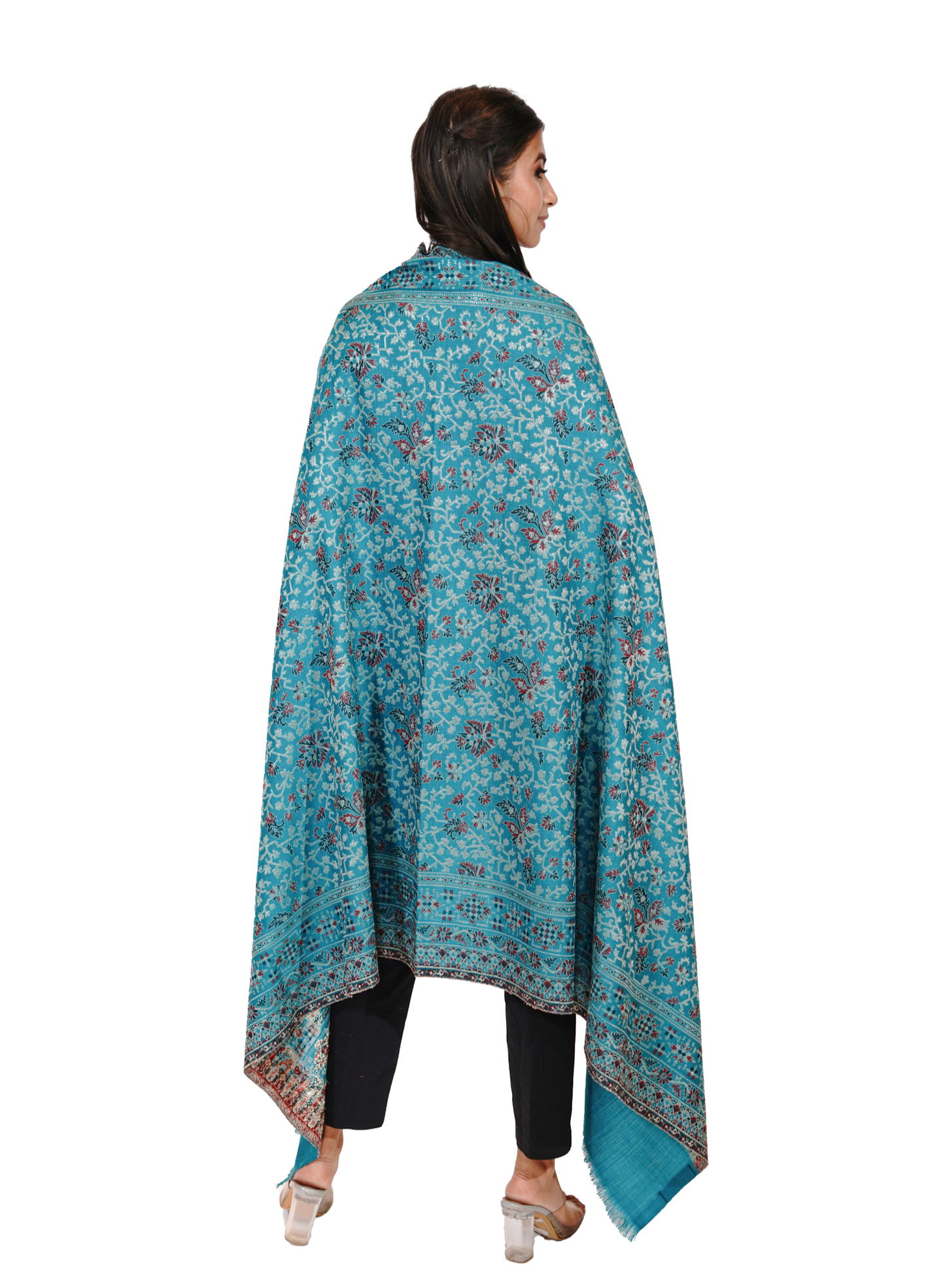 Women's Traditional Woollen Jamawar Shawl with Zari Work- Turquoise Treasure