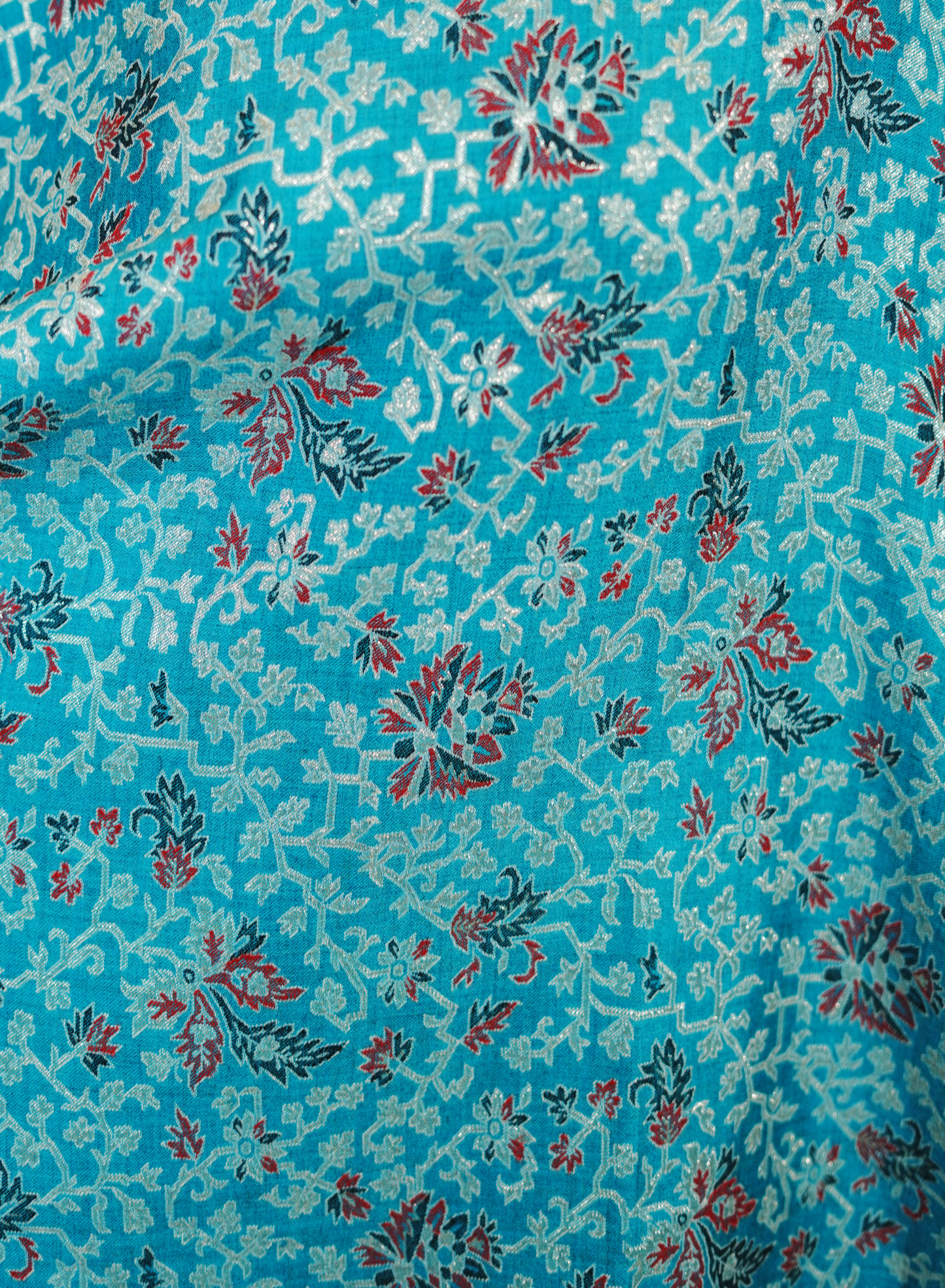 Women's Traditional Woollen Jamawar Shawl with Zari Work- Turquoise Treasure