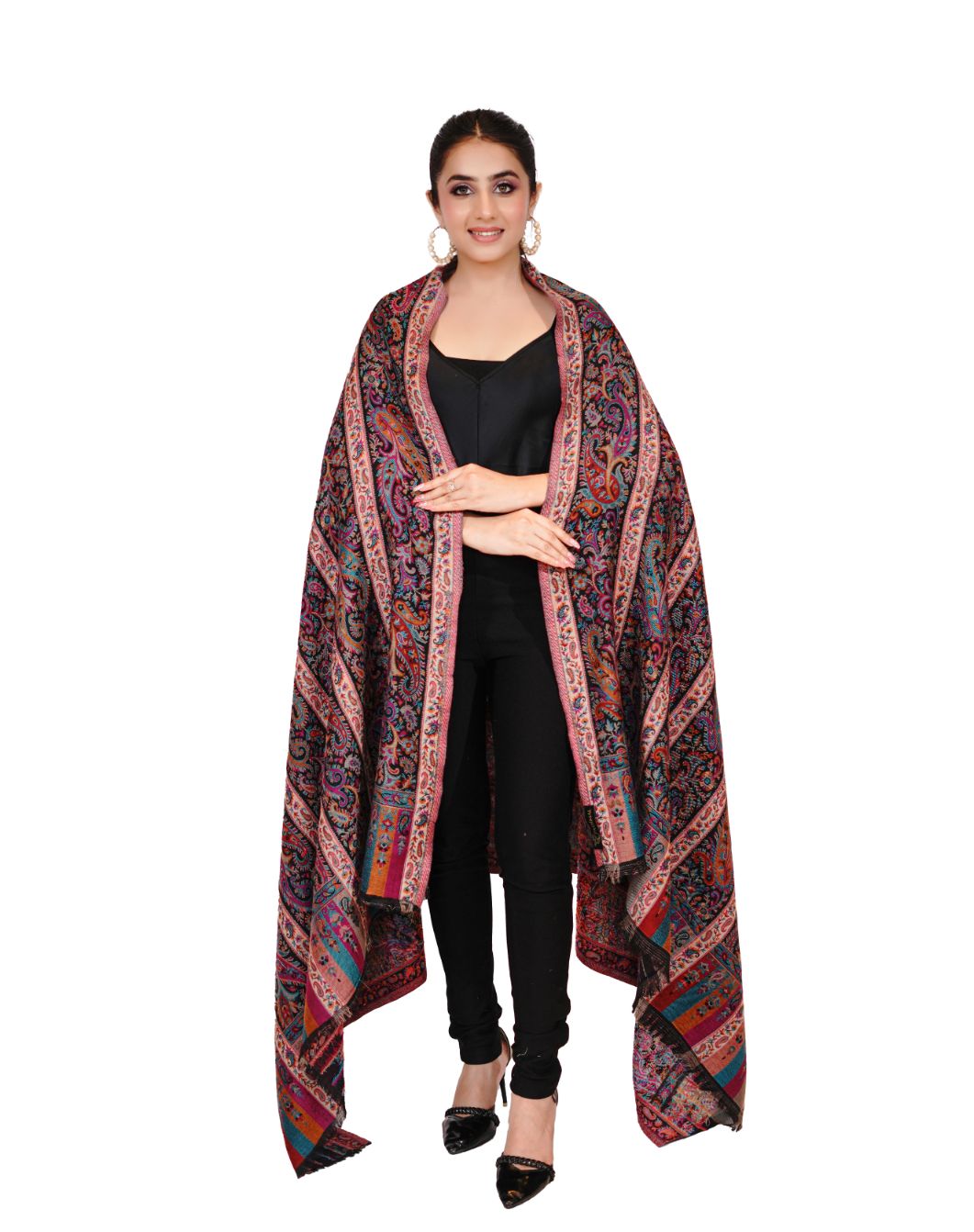 Pashmina Faux Traditional Jamawar Kani Shawl for Women - Charcoal Black