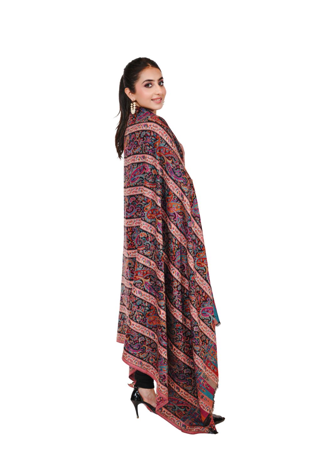Pashmina Faux Traditional Jamawar Kani Shawl for Women - Charcoal Black