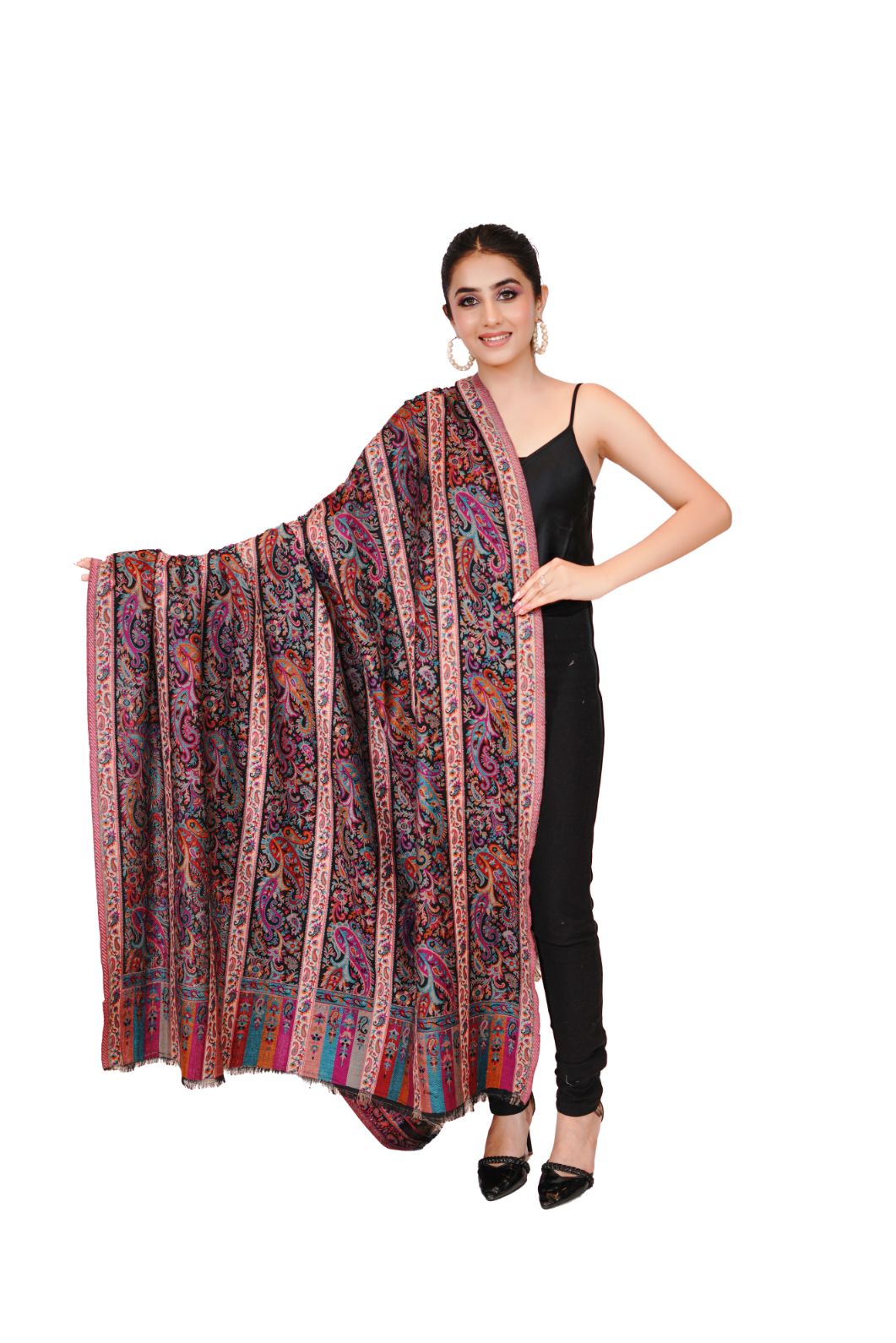 Pashmina Faux Traditional Jamawar Kani Shawl for Women - Charcoal Black