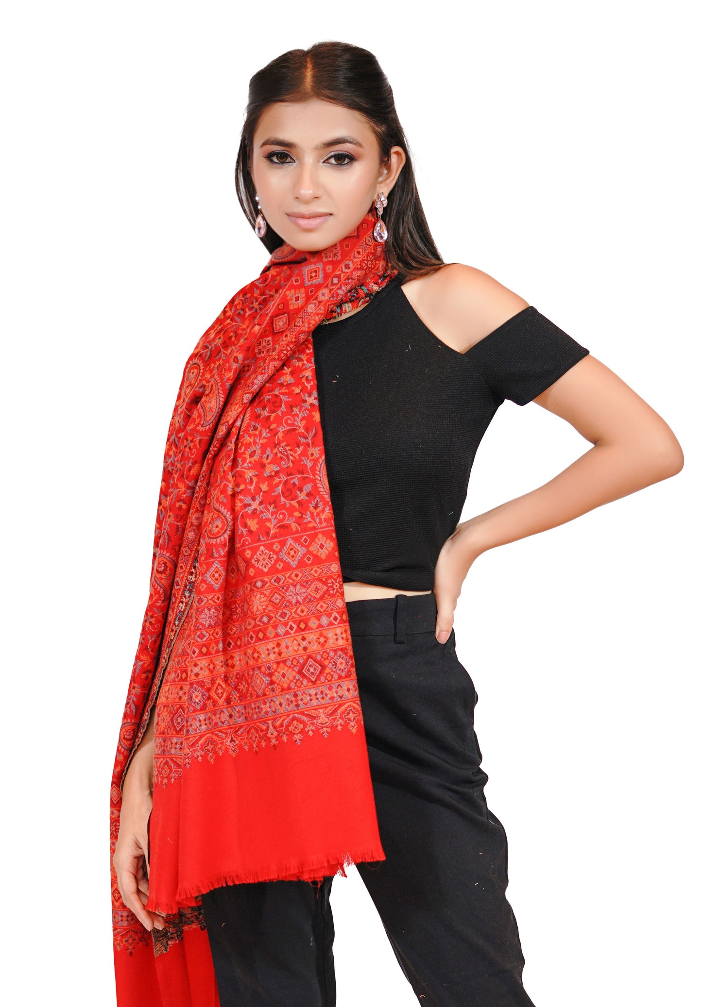 Women's Fine Wool Traditional Jamawar Kani Shawl - Scarlet Red