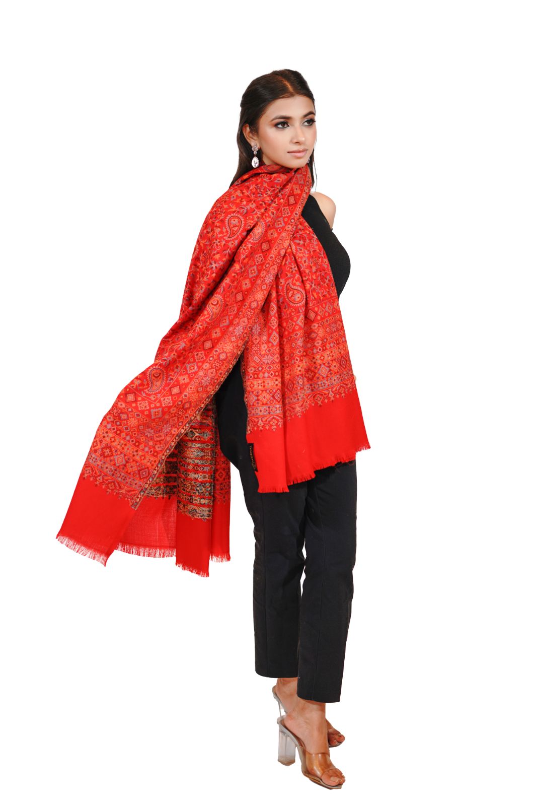 Women's Fine Wool Traditional Jamawar Kani Shawl - Scarlet Red
