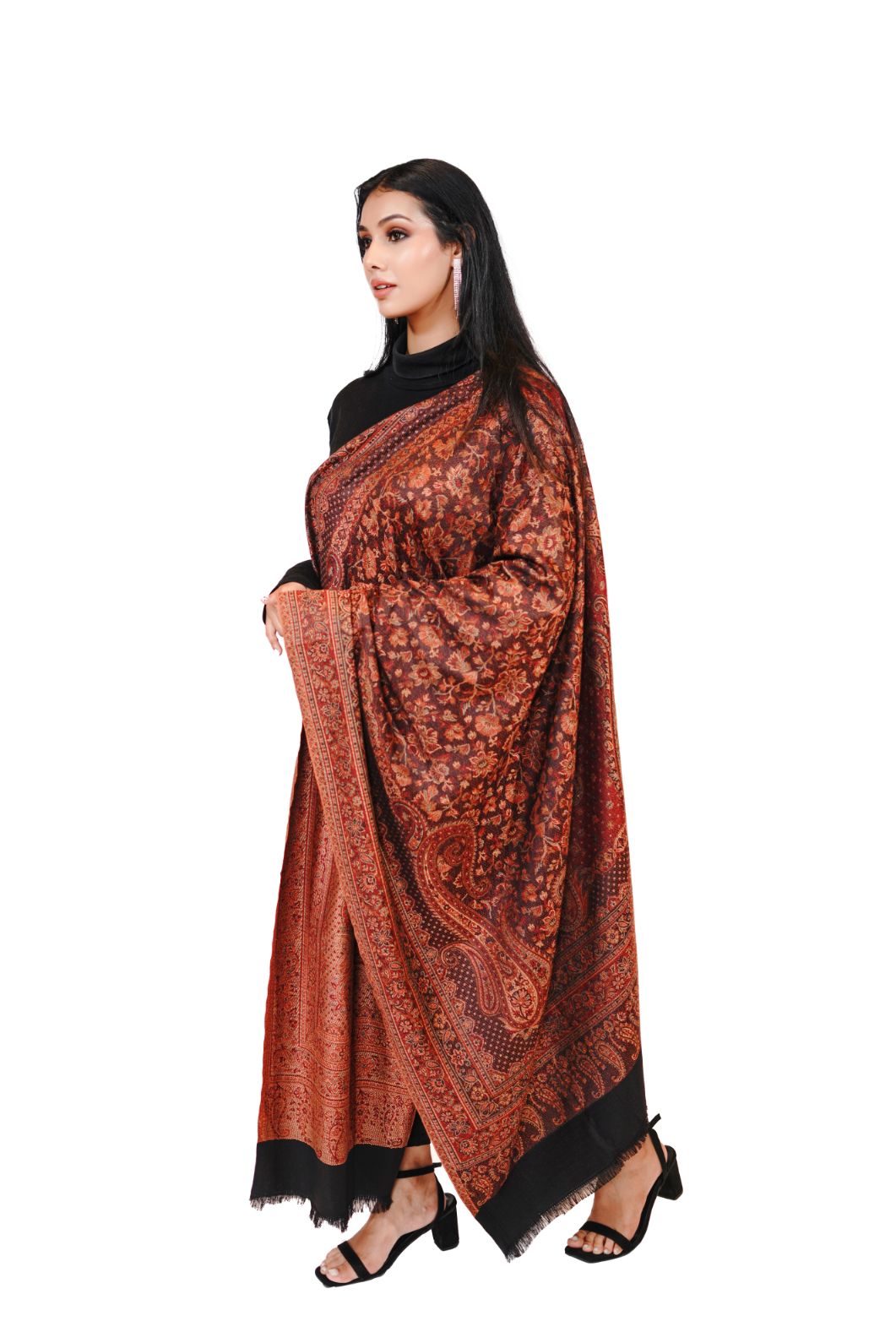 Women's Traditional Pashmina Faux Shawl- Black & Maroon Mosaic