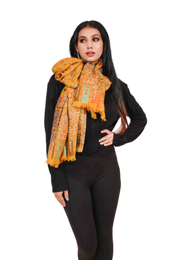 Women's Wool Blend Antique Shawl with Booti Design - Mustard Yellow