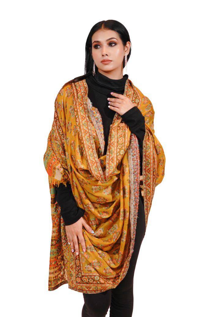 Women's Wool Blend Antique Shawl with Booti Design - Mustard Yellow