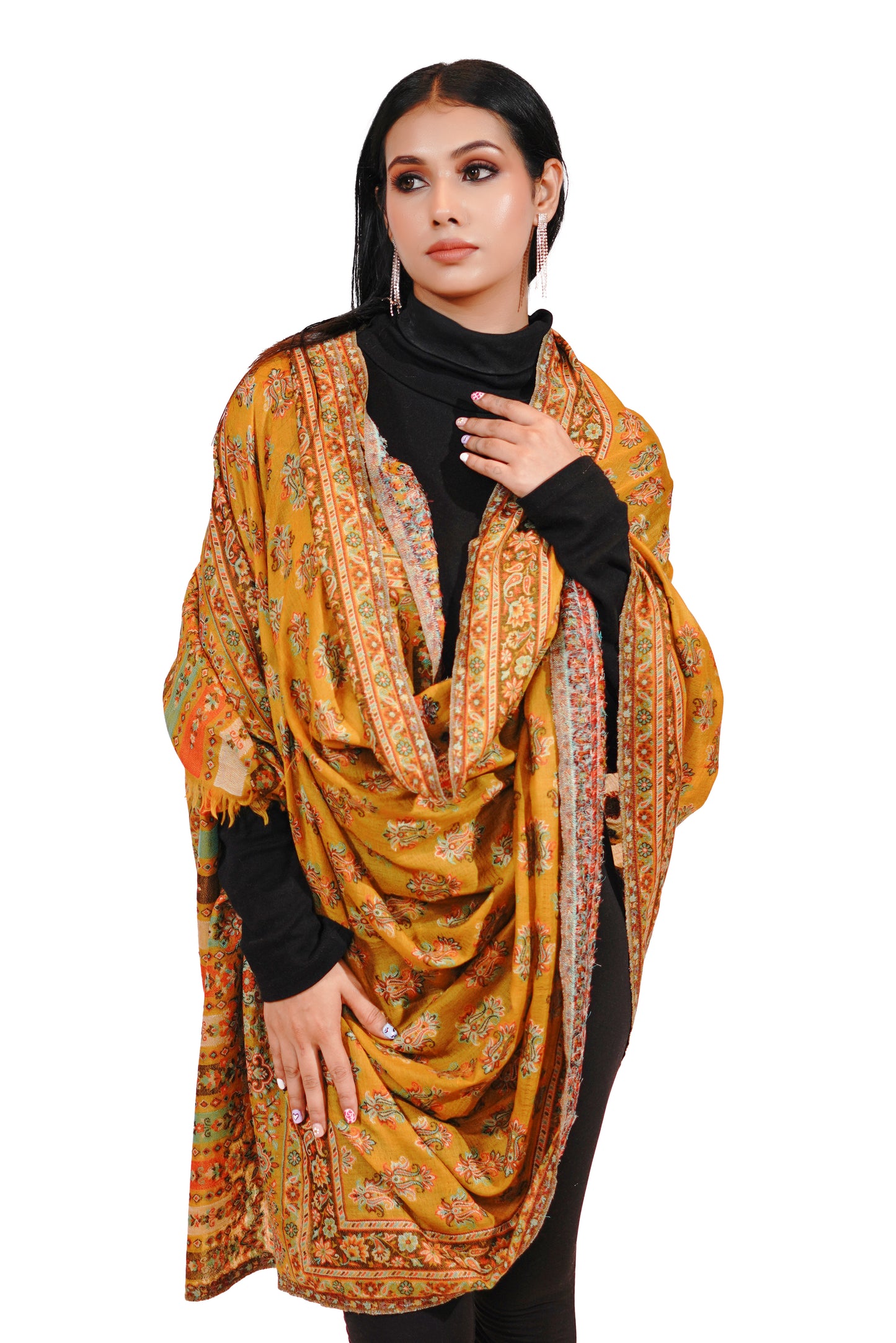 Women's Wool Blend Antique Shawl with Booti Design - Mustard Yellow