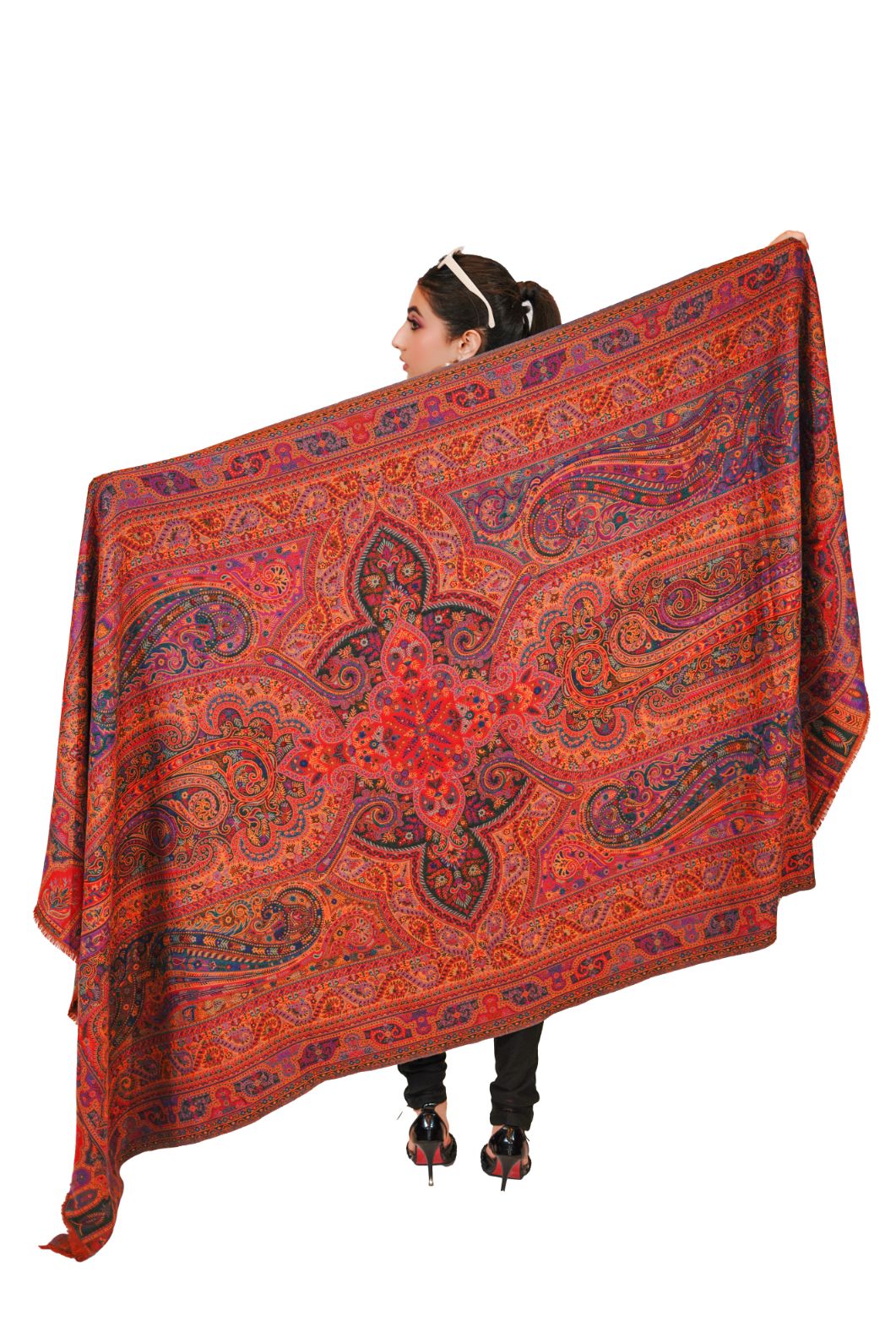 Pashmina Faux Rust Orange Traditional Kalamkari Shawl for Women