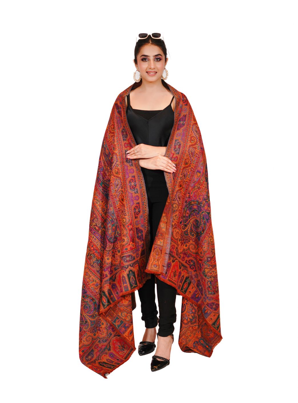 Pashmina Faux Rust Orange Traditional Kalamkari Shawl for Women