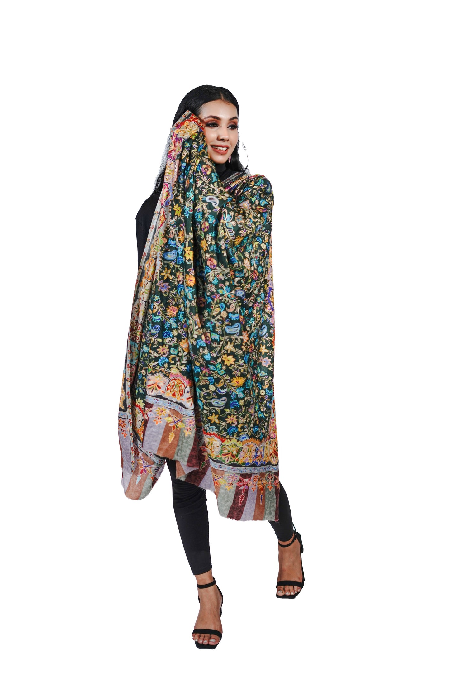 Heritage Black Embroidered Printed Shawl for Women