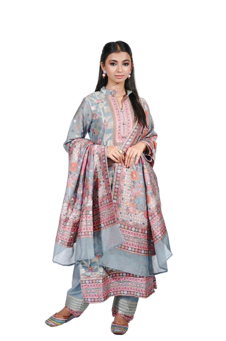 Traditional Kani Zari Suit For Women (Unstitched) - Pastel Blue