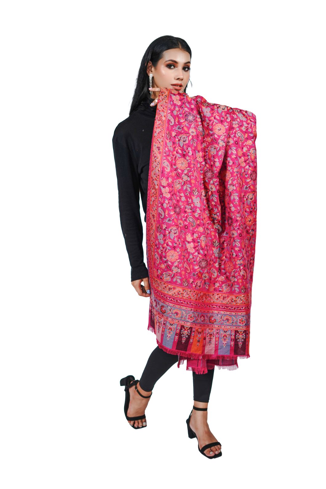 Antique Kashmiri Kani Stole with Sarvosk for Women - Rich Pink