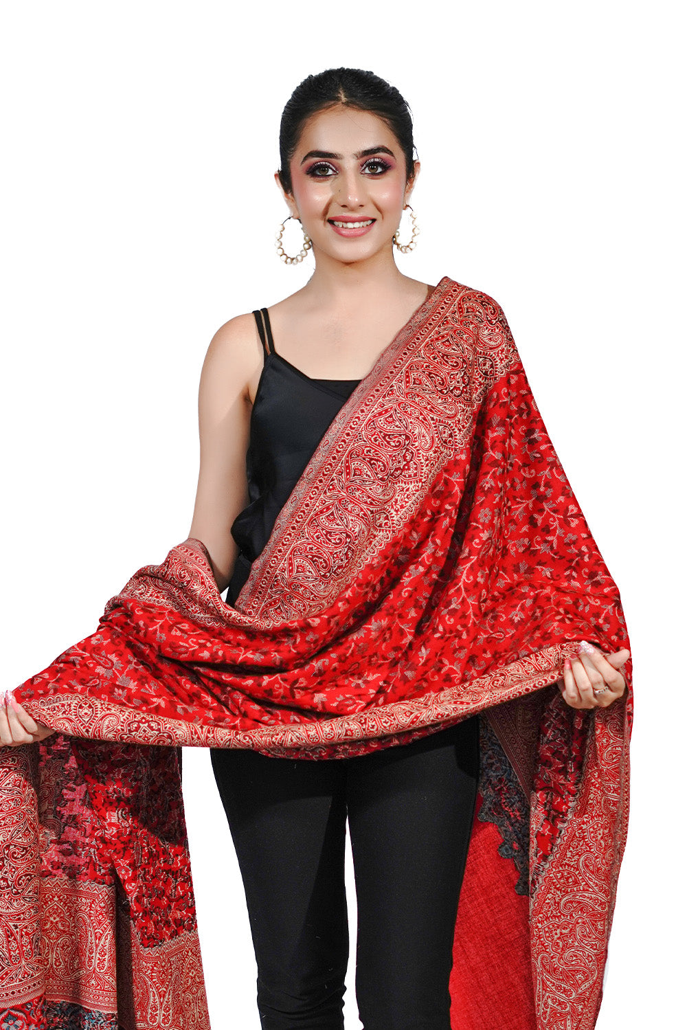 Pashmina Faux Traditional Jamawar Jaal Shawl - Crimson Red