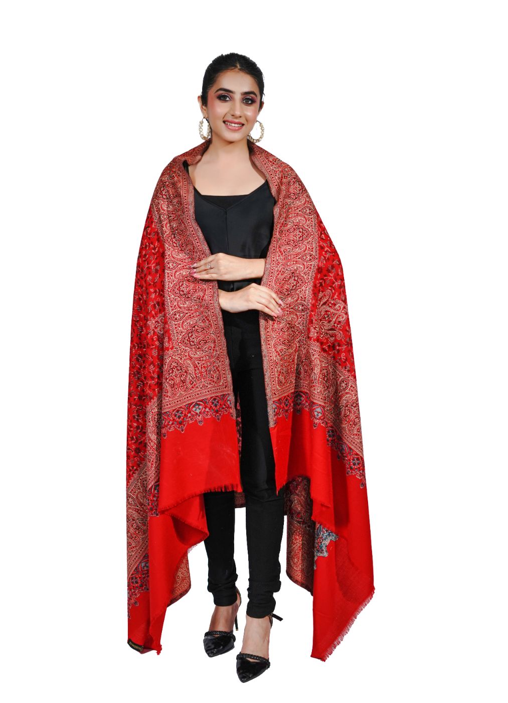 Pashmina Faux Traditional Jamawar Jaal Shawl - Crimson Red
