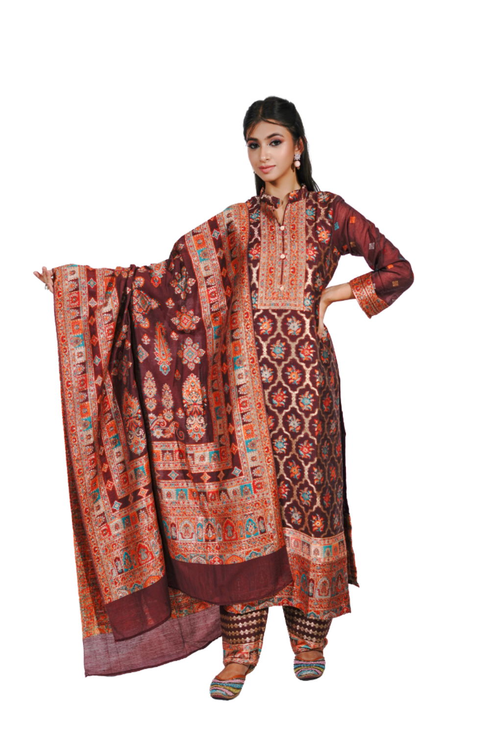 Traditional Kani Zari Suit For Women (Unstitched) - Rich Maroon