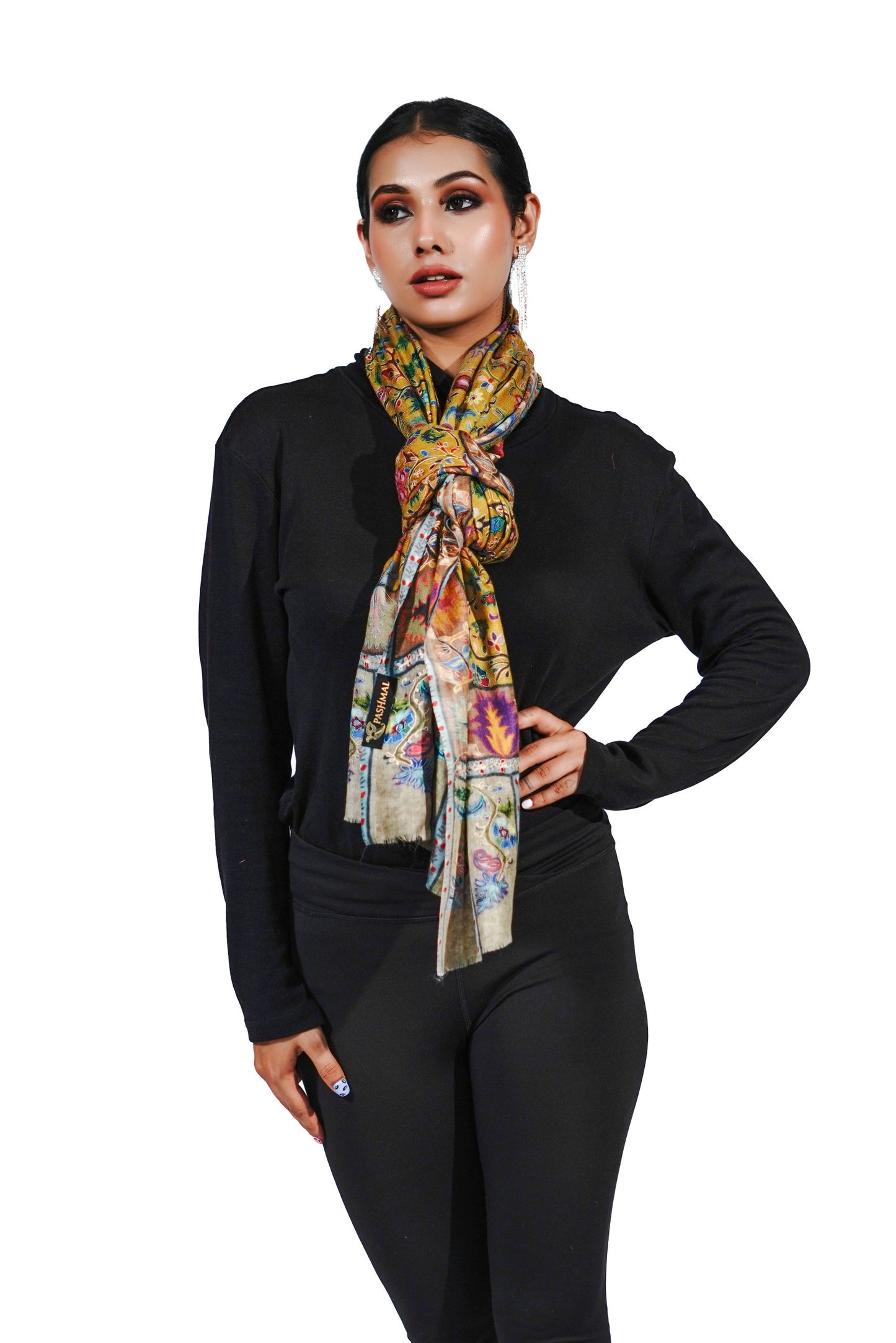 Heritage Amber-Yellow Hand Embroidered Printed Shawl for Women