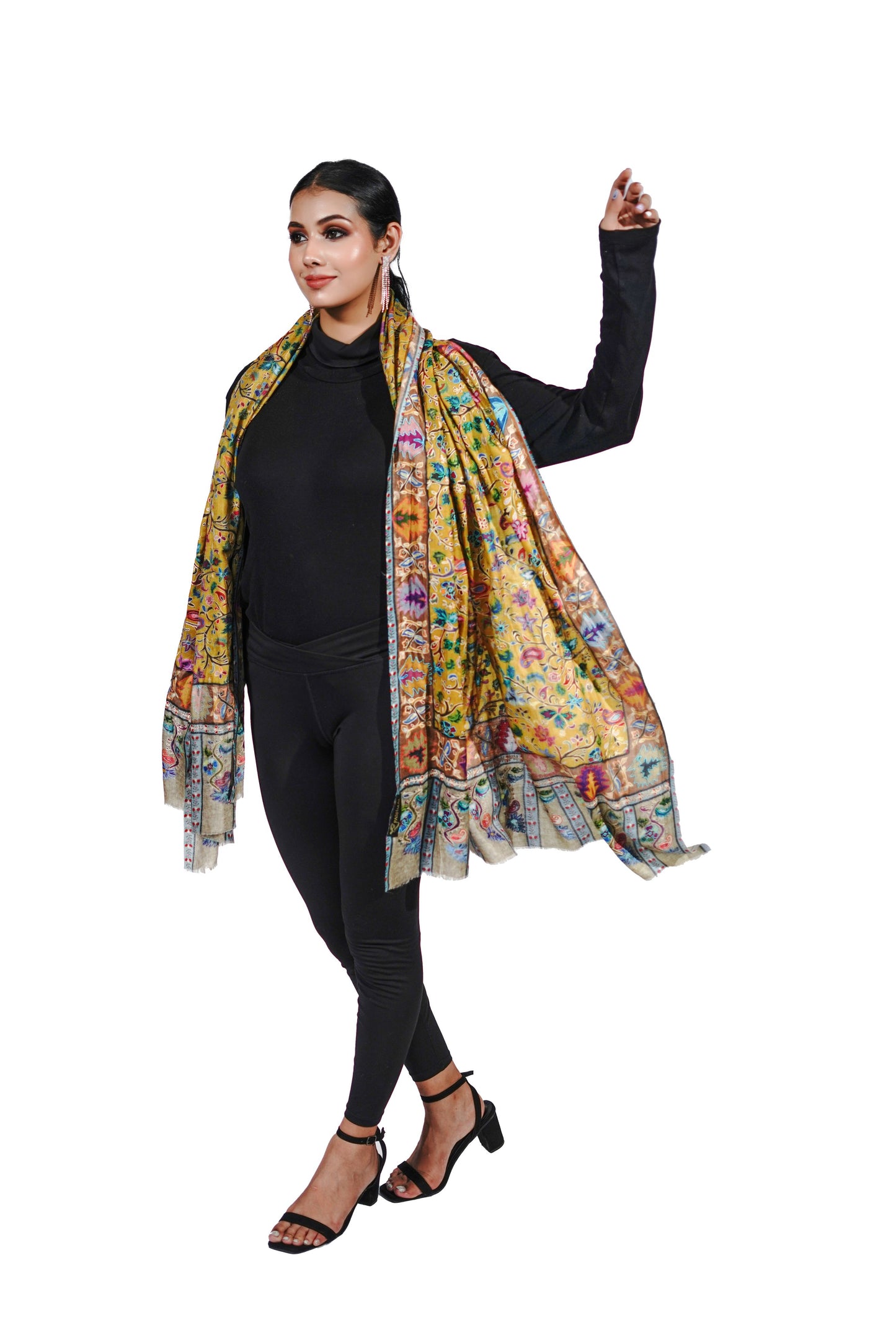 Heritage Amber-Yellow Hand Embroidered Printed Shawl for Women