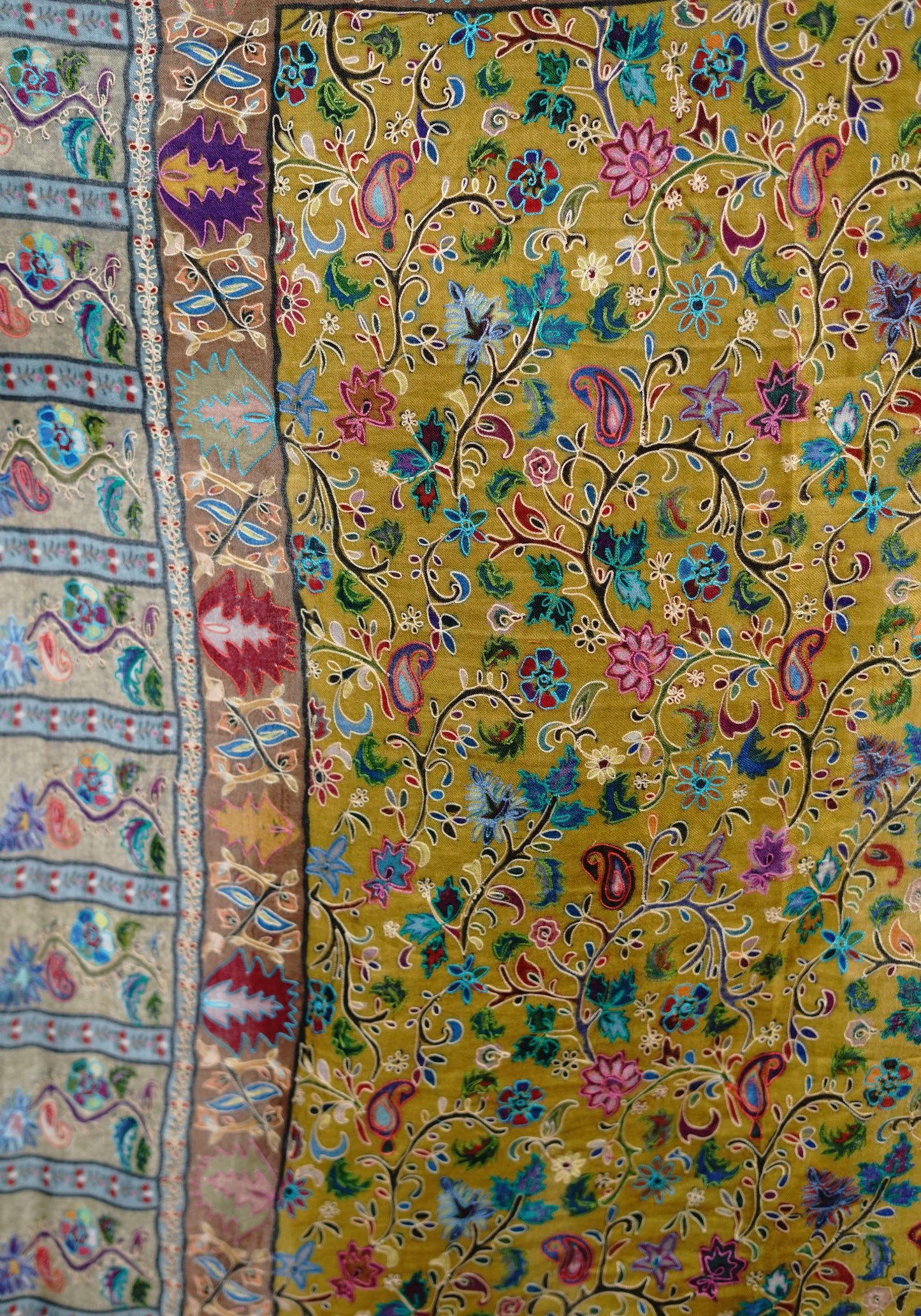 Heritage Amber-Yellow Hand Embroidered Printed Shawl for Women