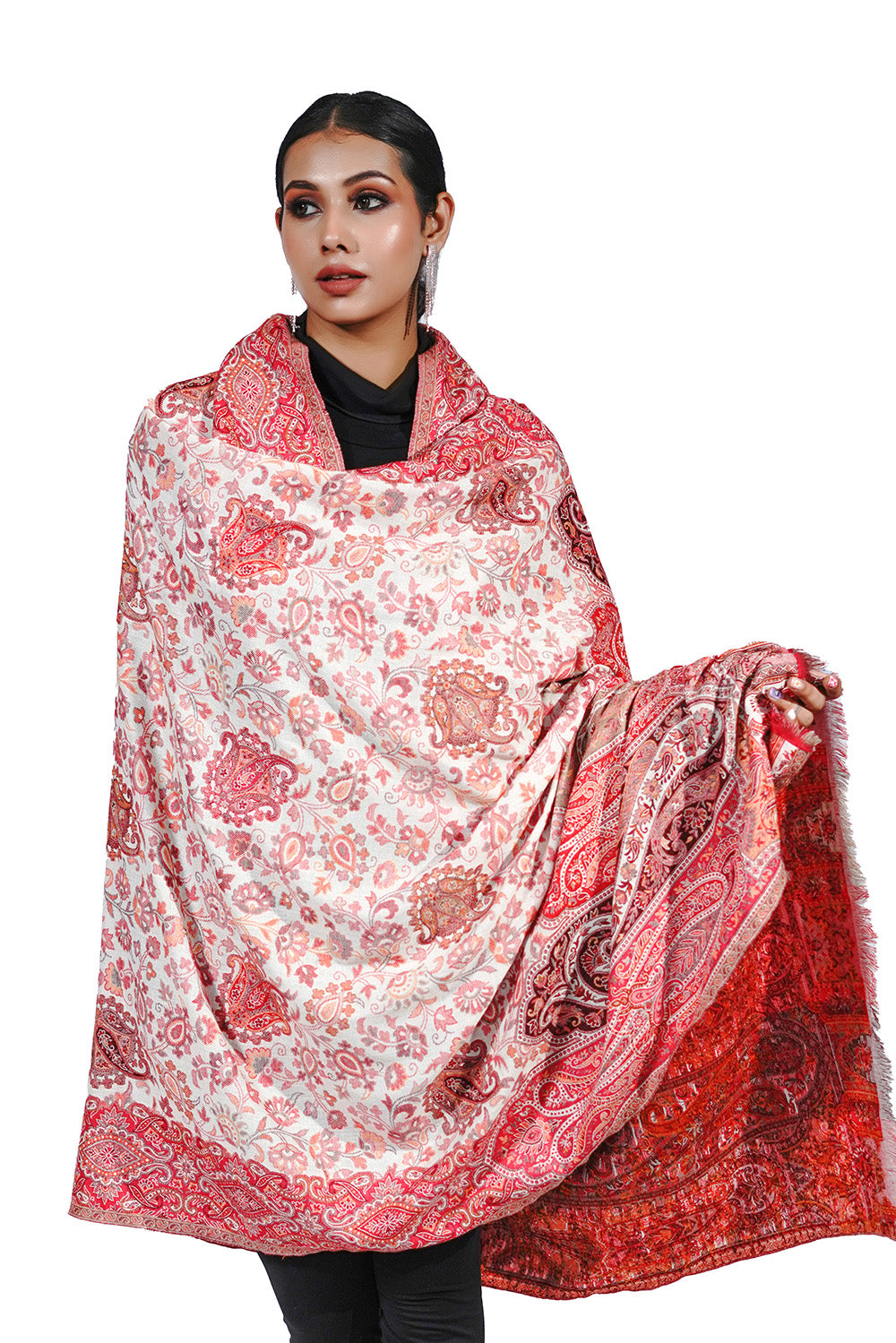 Pashmina Faux Gulabdar Red & White Traditional Kani Shawl